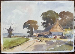 British Impressionist Watercolor of a Rustic Farmhouse Scene and Chickens