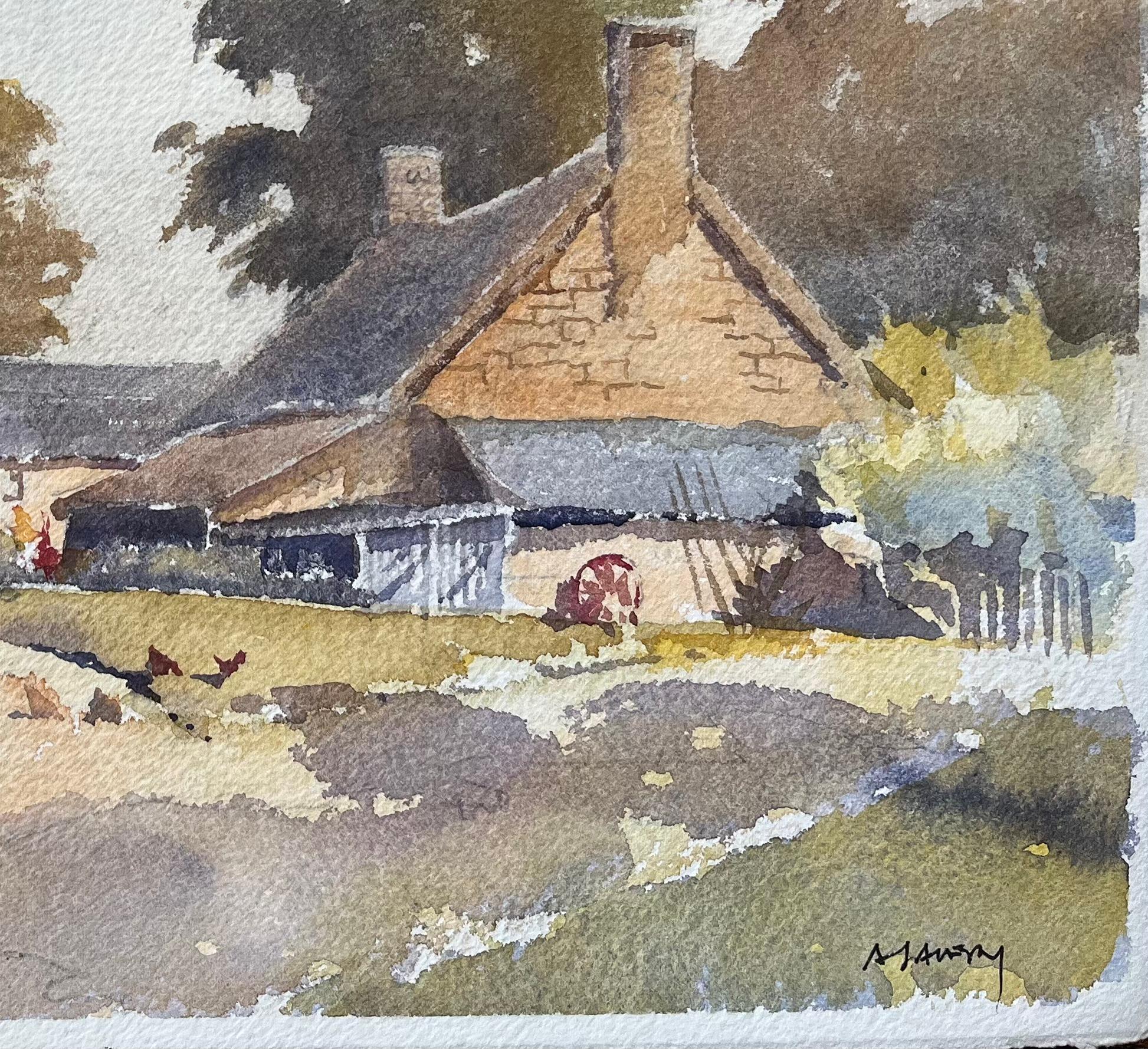 Britischer Impressionist Aquarell einer rustikalen Bauernhaus-Szene und Hühner (Impressionismus), Painting, von Anthony Avery
