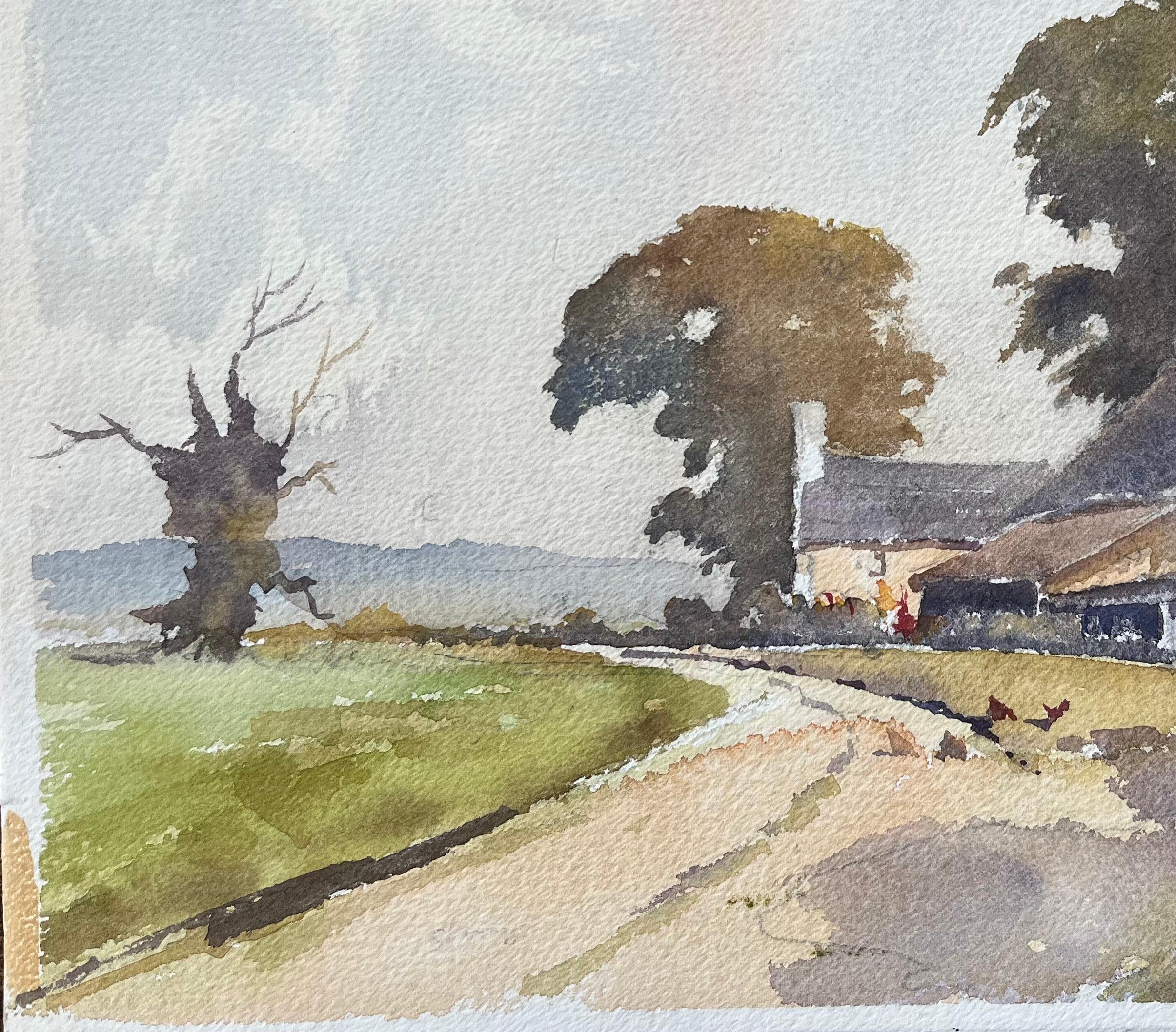 Britischer Impressionist Aquarell einer rustikalen Bauernhaus-Szene und Hühner (Grau), Landscape Painting, von Anthony Avery