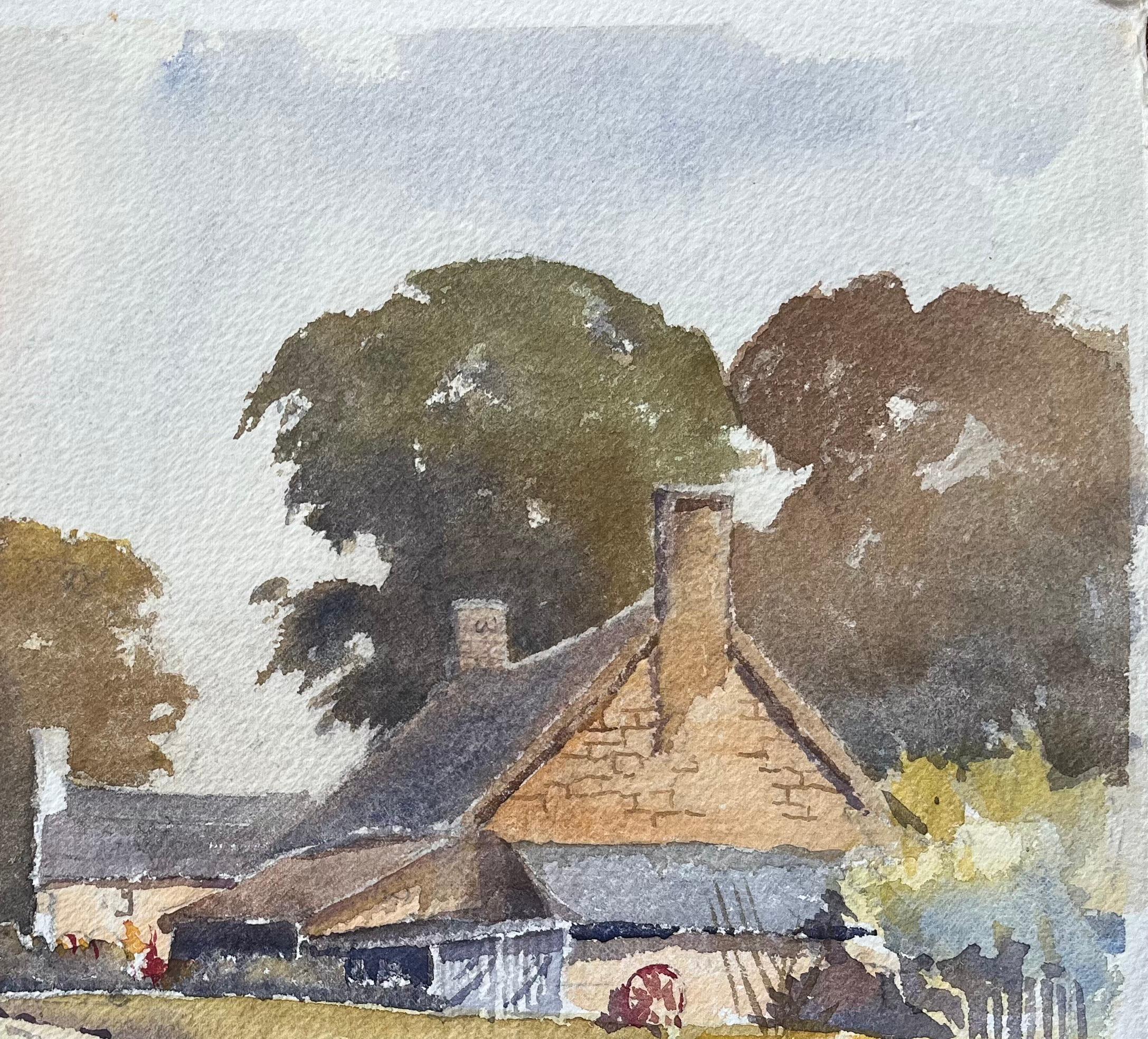 Titel: Britischer Impressionist Aquarell einer rustikalen Bauernhaus-Szene und Hühner
Von Anthony Avery (Brite 1946-2023)
Original-Aquarell auf Künstlerpapier, ungerahmt
Unterschrieben: Ja
Abmessungen: 11 x 15,25 Zoll (Höhe x Breite)
Zustand: Gut,