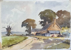 Britischer Impressionist Aquarell einer rustikalen Bauernhaus-Szene und Hühner