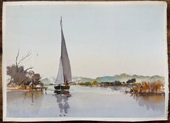 British Impressionist Watercolor of a Sailing Boat on a Serene Lake