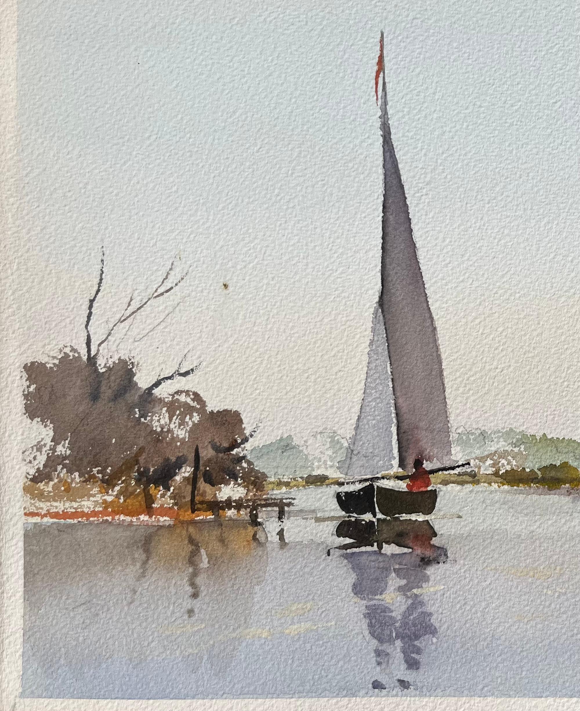 Britischer Impressionist Aquarell eines Segelbootes auf einem ruhigen See (Grau), Landscape Painting, von Anthony Avery
