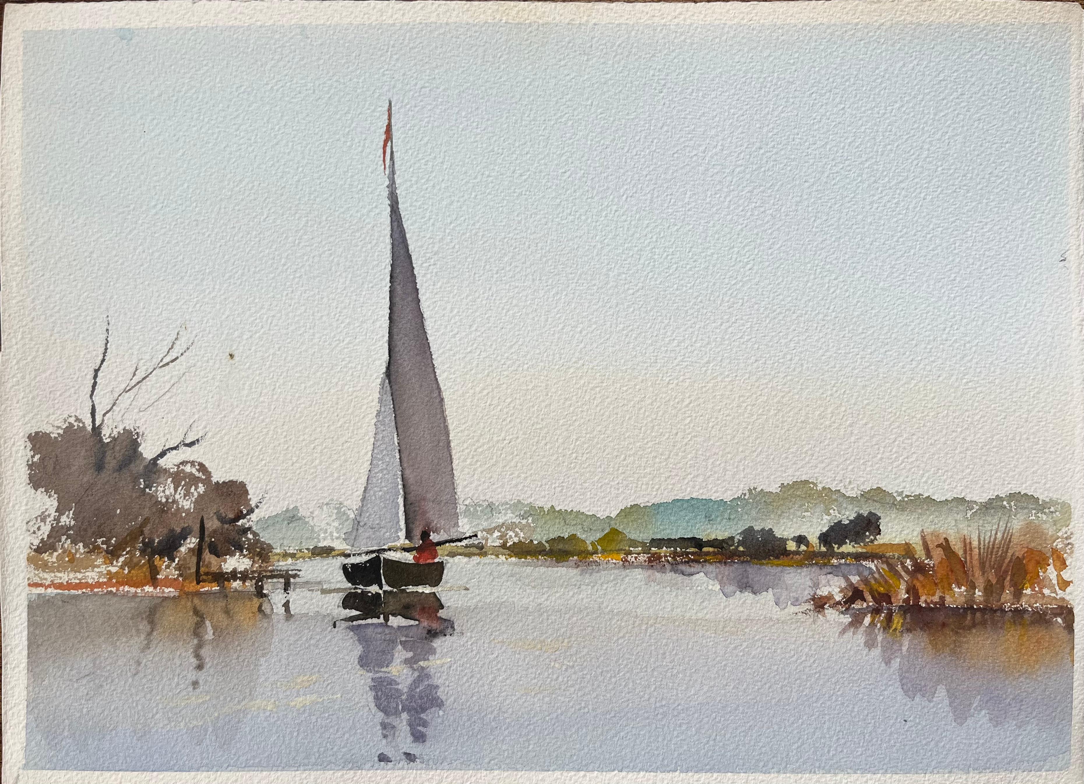 British Impressionist Watercolor of a Sailing Boat on a Serene Lake