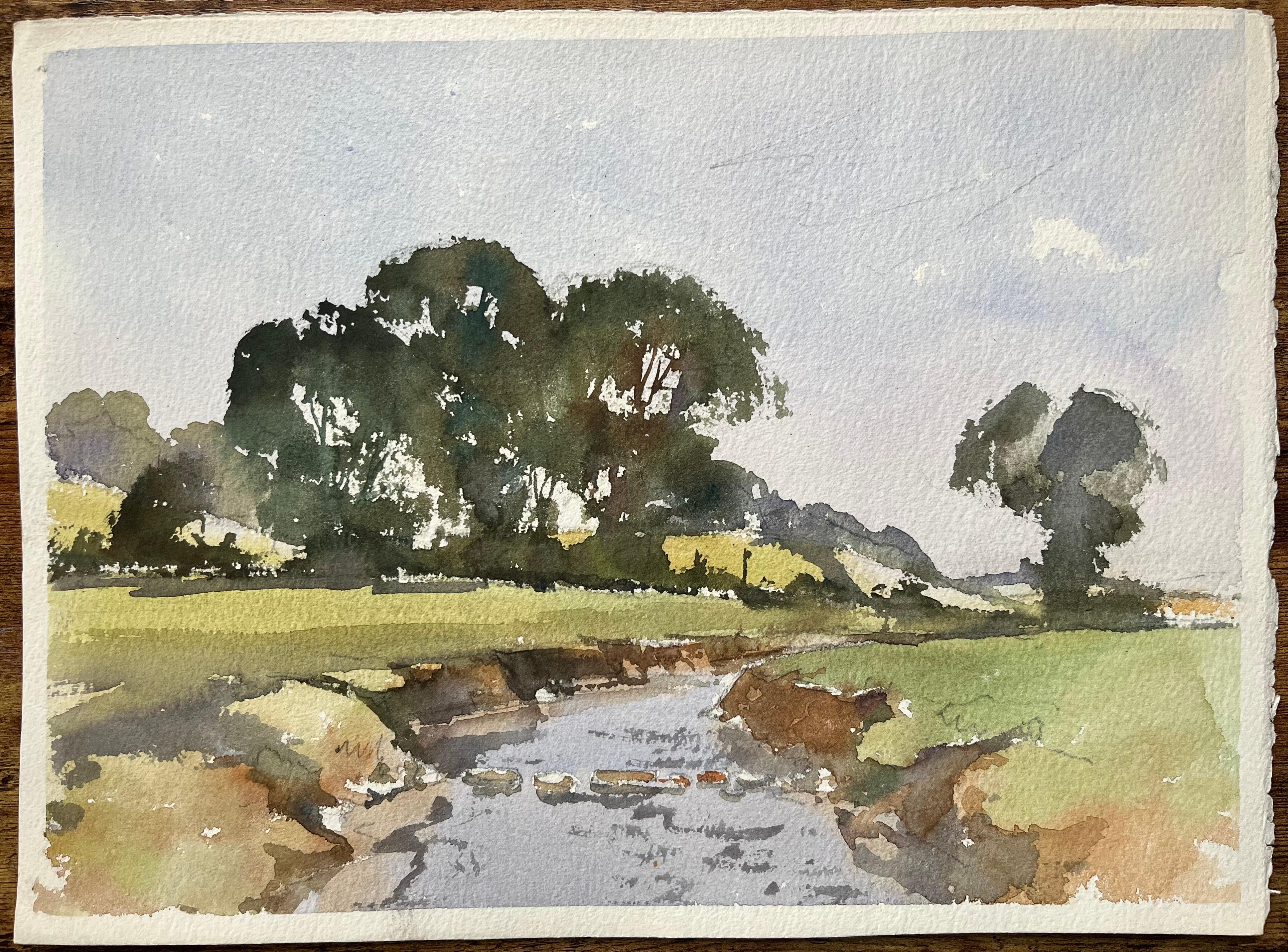 Acuarela impresionista británica de un pintoresco arroyo campestre con frondosos árboles - Painting de Anthony Avery