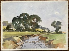 British Impressionist Watercolor of a Scenic Countryside Stream with Lush Trees