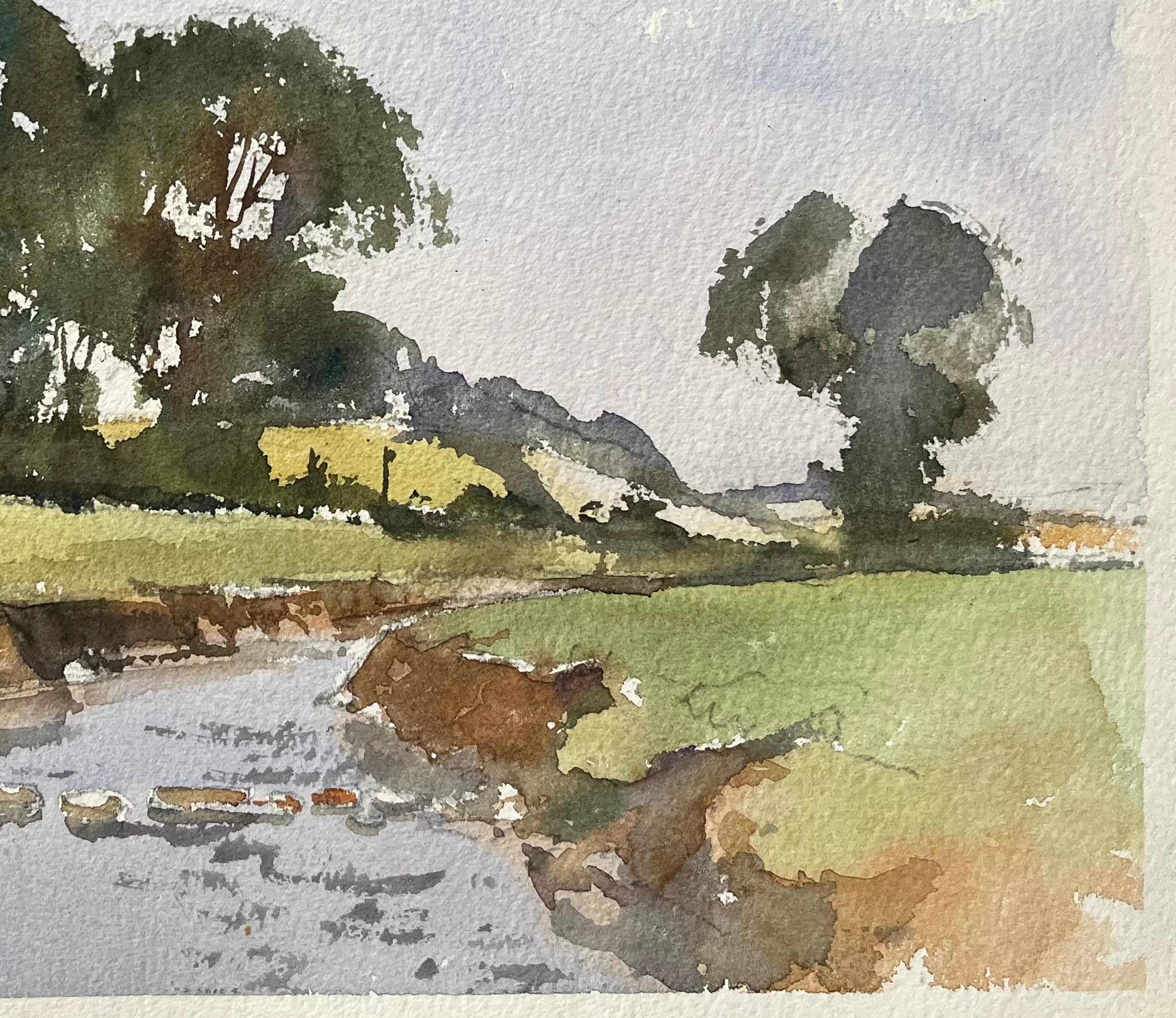 Acuarela impresionista británica de un pintoresco arroyo campestre con frondosos árboles - Painting Impresionista de Anthony Avery