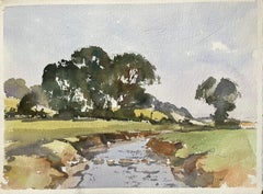 British Impressionist Watercolor of a Scenic Countryside Stream with Lush Trees