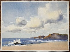 Acquerello impressionista britannico di un paesaggio marino con cielo e scogliere drammatiche