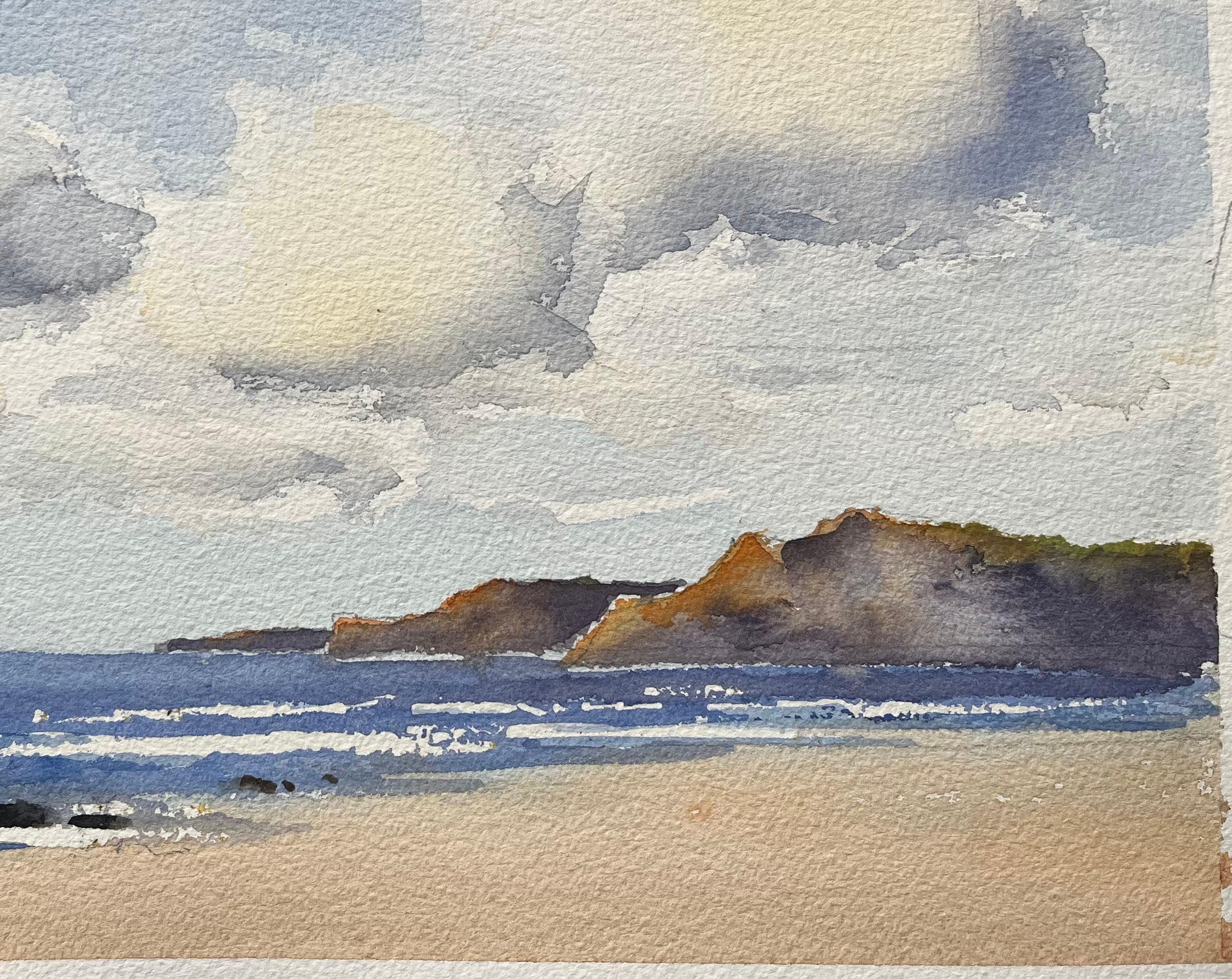 Title: British Impressionist Watercolor of a Seascape with Dramatic Sky and Cliffs
By Anthony Avery (British 1946-2023)
Original watercolor on artists paper, unframed
Dimensions: 11.25 x 15.25 inches (Height x Width)
Condition: Good, with some minor