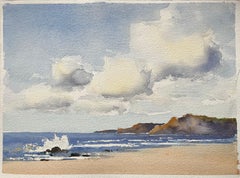 British Impressionist Watercolor of a Seascape with Dramatic Sky and Cliffs