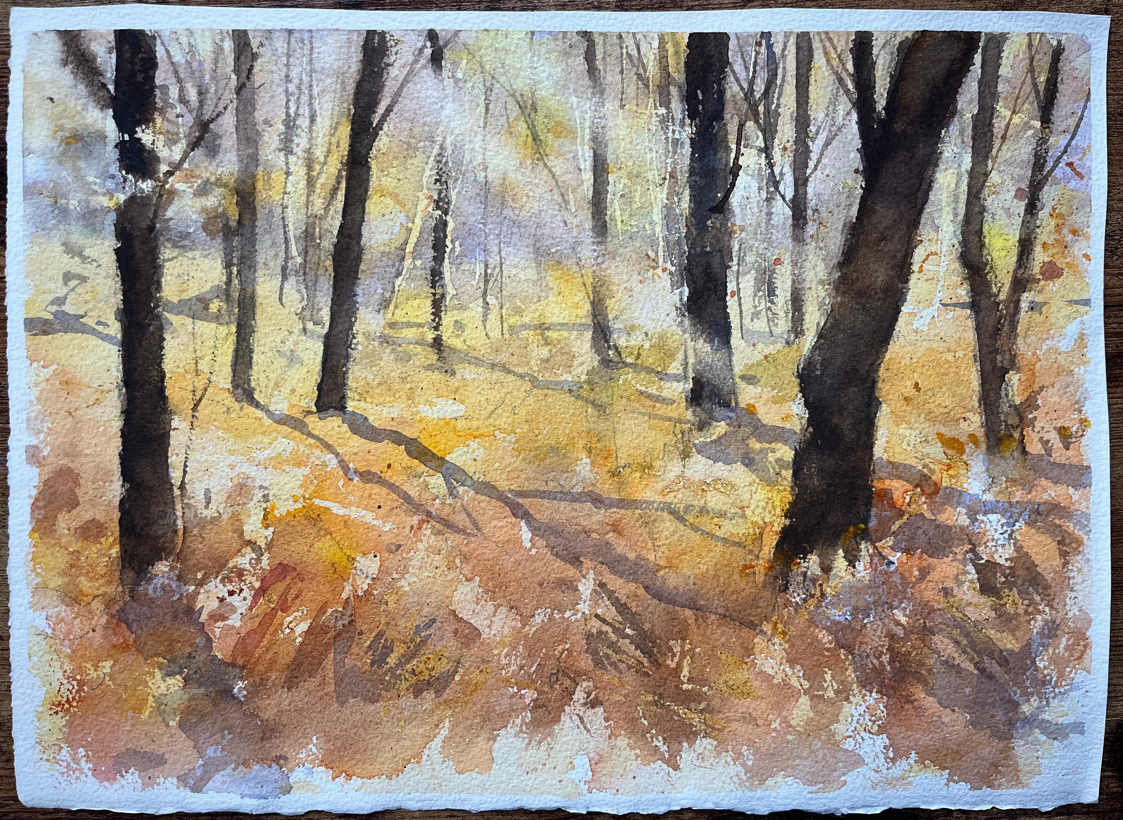 Britisches impressionistisches Aquarell einer heiteren Herbst-Holzszene, British Impressionist – Painting von Anthony Avery