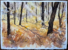 Acquerello impressionista britannico di una serena scena di bosco autunnale
