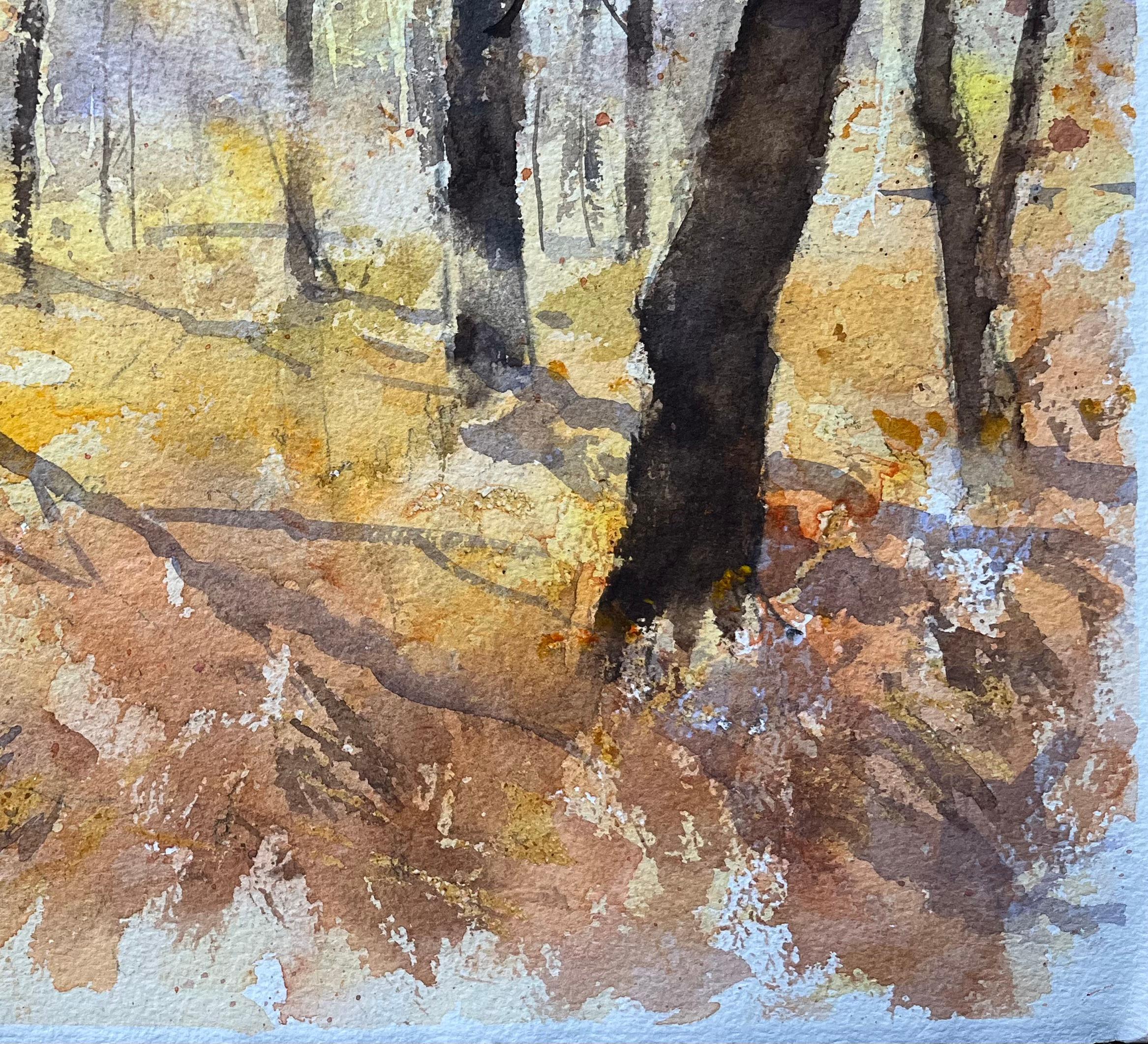 Britisches impressionistisches Aquarell einer heiteren Herbst-Holzszene, British Impressionist (Impressionismus), Painting, von Anthony Avery