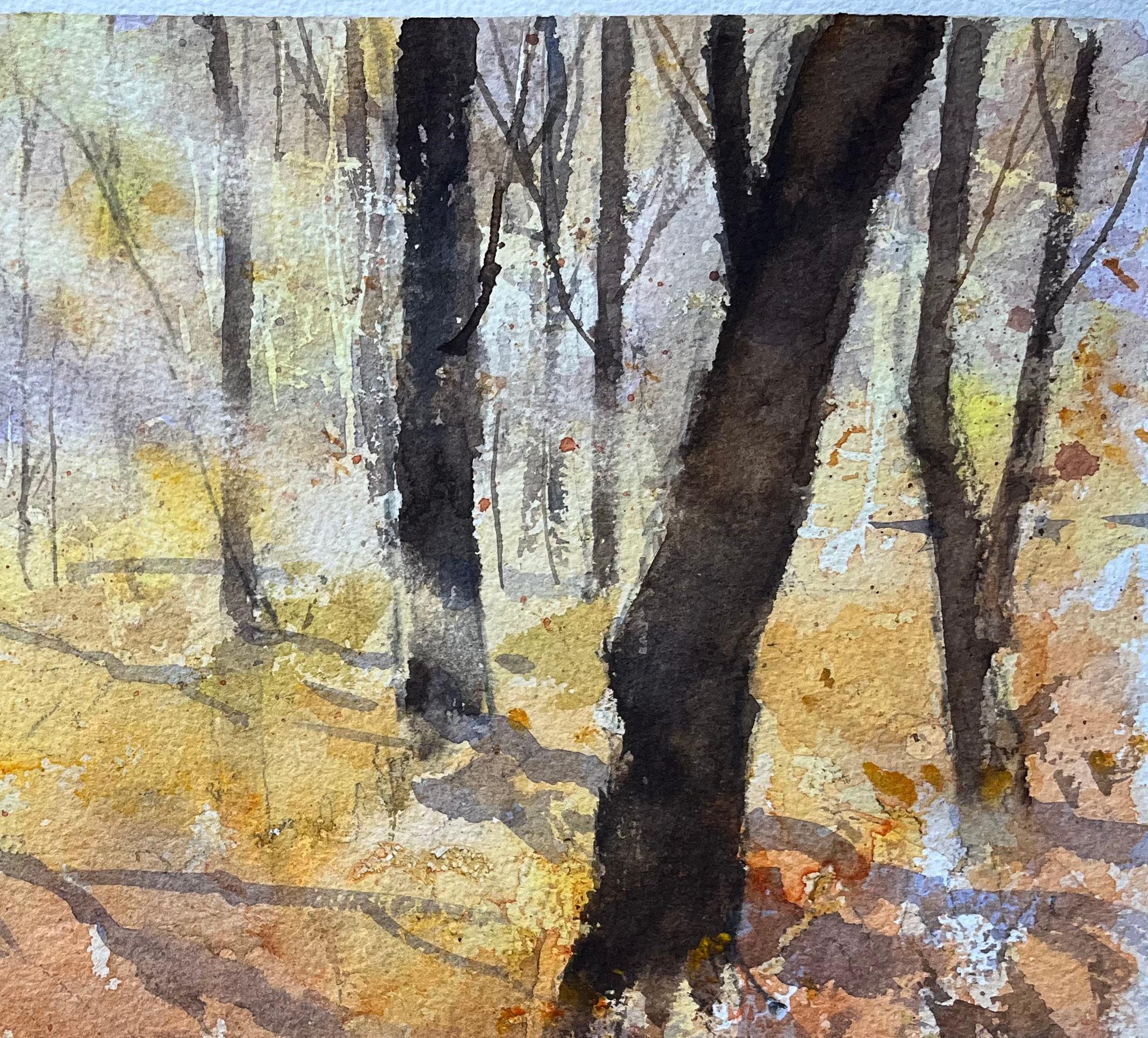 Britisches impressionistisches Aquarell einer heiteren Herbst-Holzszene, British Impressionist (Braun), Landscape Painting, von Anthony Avery