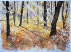 Britisches impressionistisches Aquarell einer heiteren Herbst-Holzszene, British Impressionist