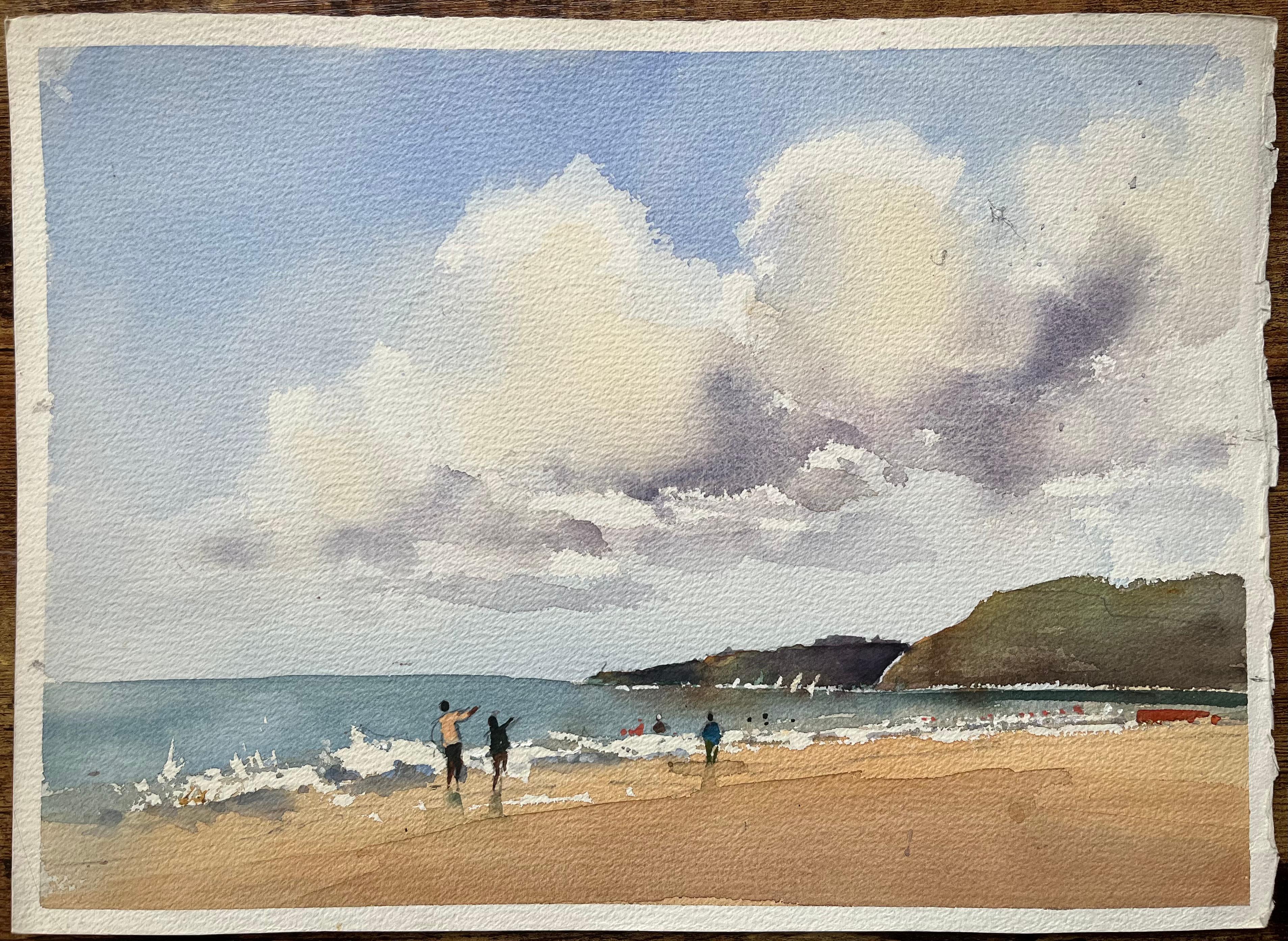 Acquerello impressionista britannico raffigurante una serena scena di spiaggia costiera con un aquilonista - Painting di Anthony Avery