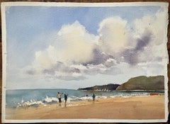 Aquarelle impressionniste britannique d'une scène de plage côtière sereine avec un cerf-volant