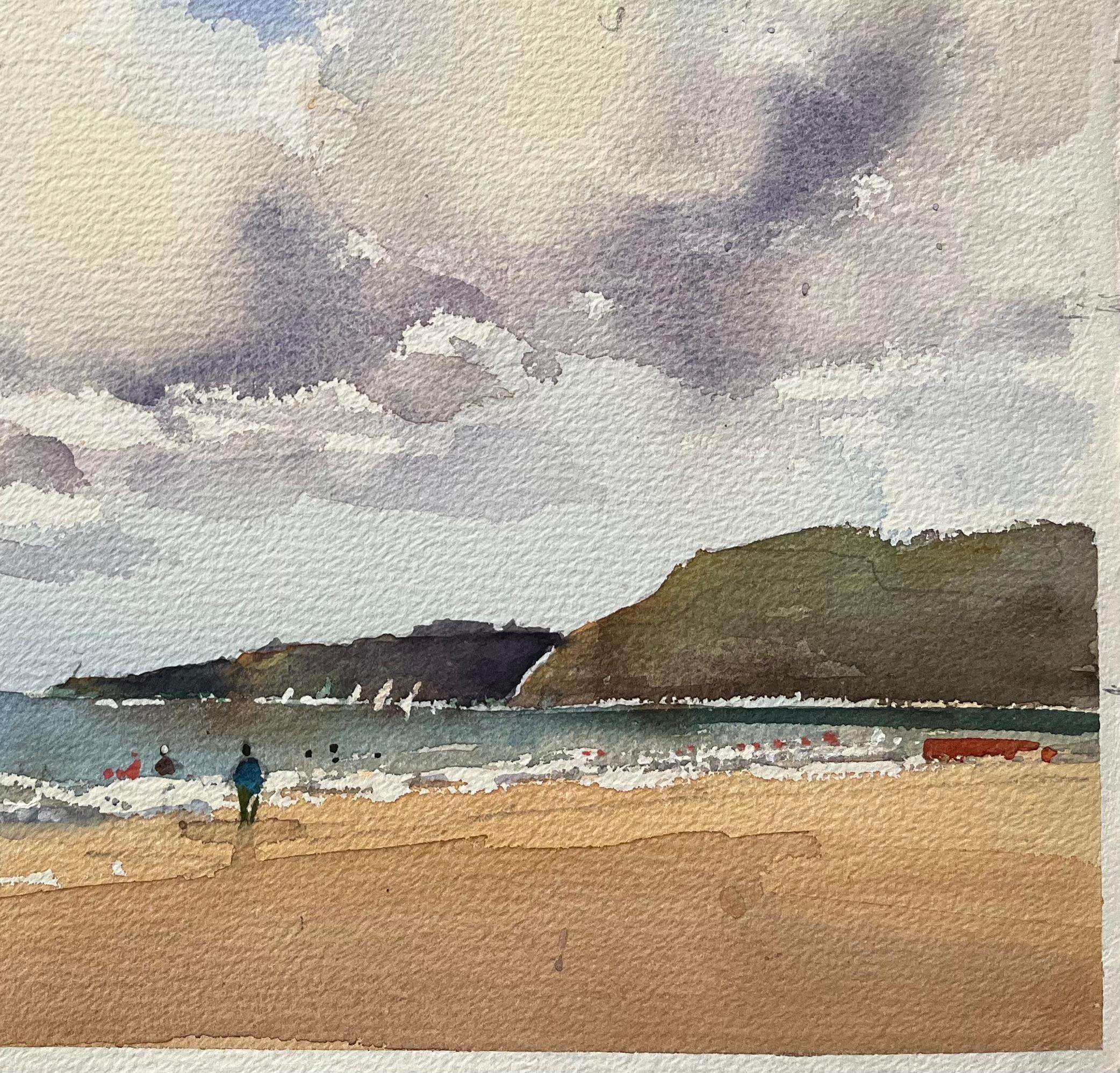 Acquerello impressionista britannico raffigurante una serena scena di spiaggia costiera con un aquilonista - Landscape Painting Grigio di Anthony Avery