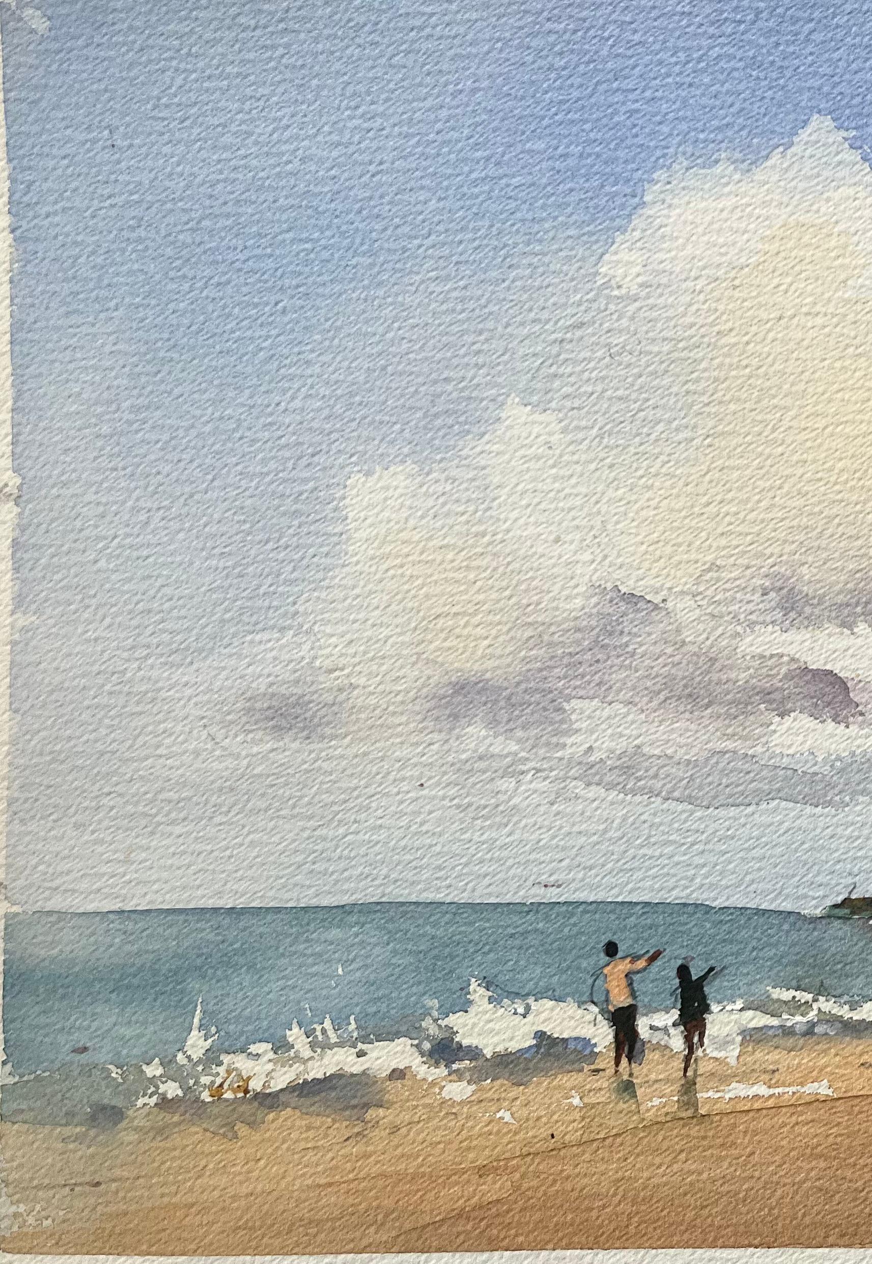 Titolo: Acquerello impressionista britannico raffigurante una serena scena di spiaggia costiera con aquiloni in volo
Di Anthony Avery (Regno Unito 1946-2023)
Acquerello originale su carta per artisti, senza cornice
Dimensioni: 11 x 15,25 pollici