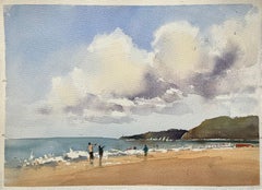 British Impressionist Watercolor of a Serene Coastal Beach Scene with Kite Flyer