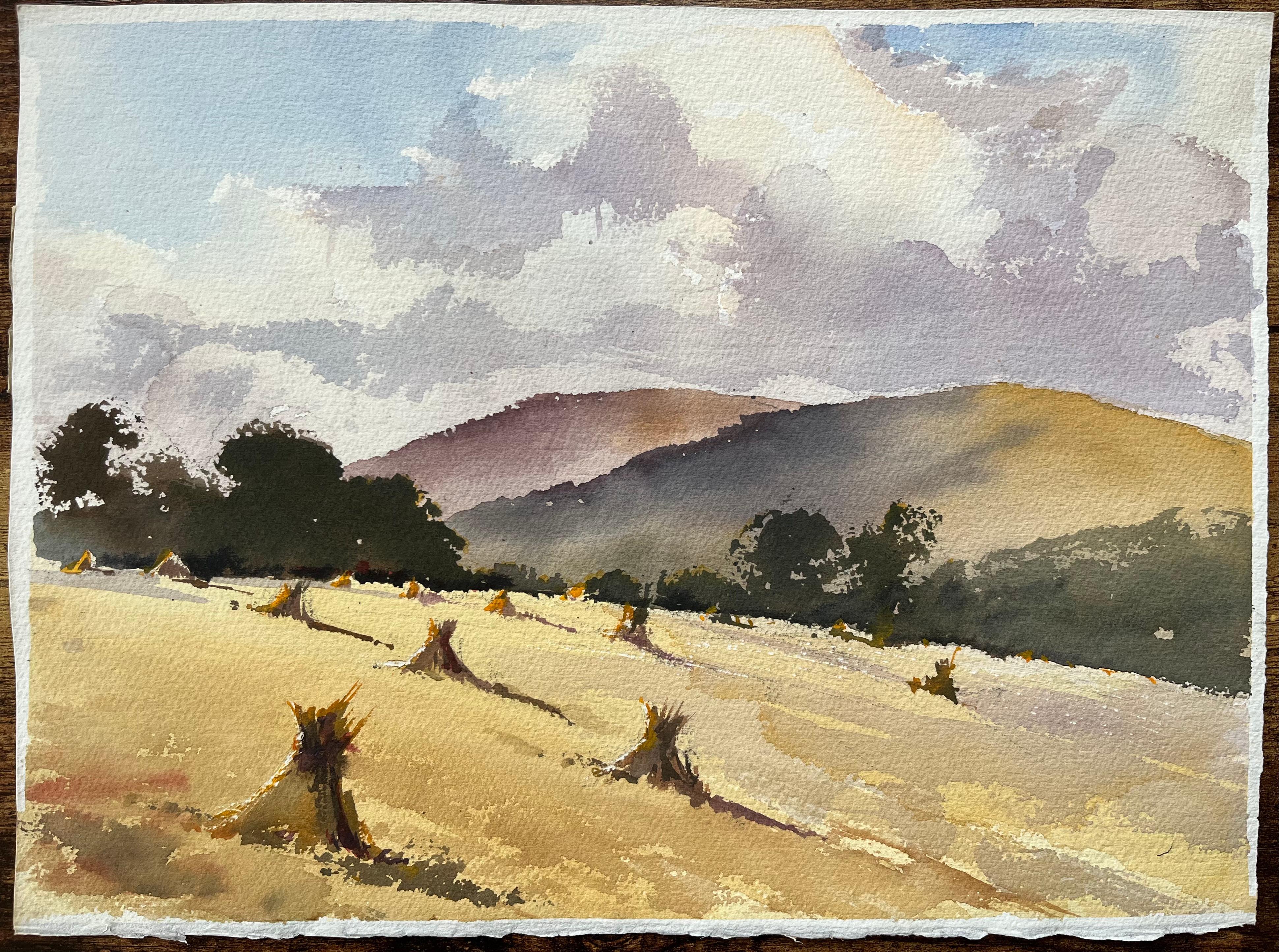 Acuarela impresionista británica de una serena escena campestre en época de cosecha - Painting de Anthony Avery