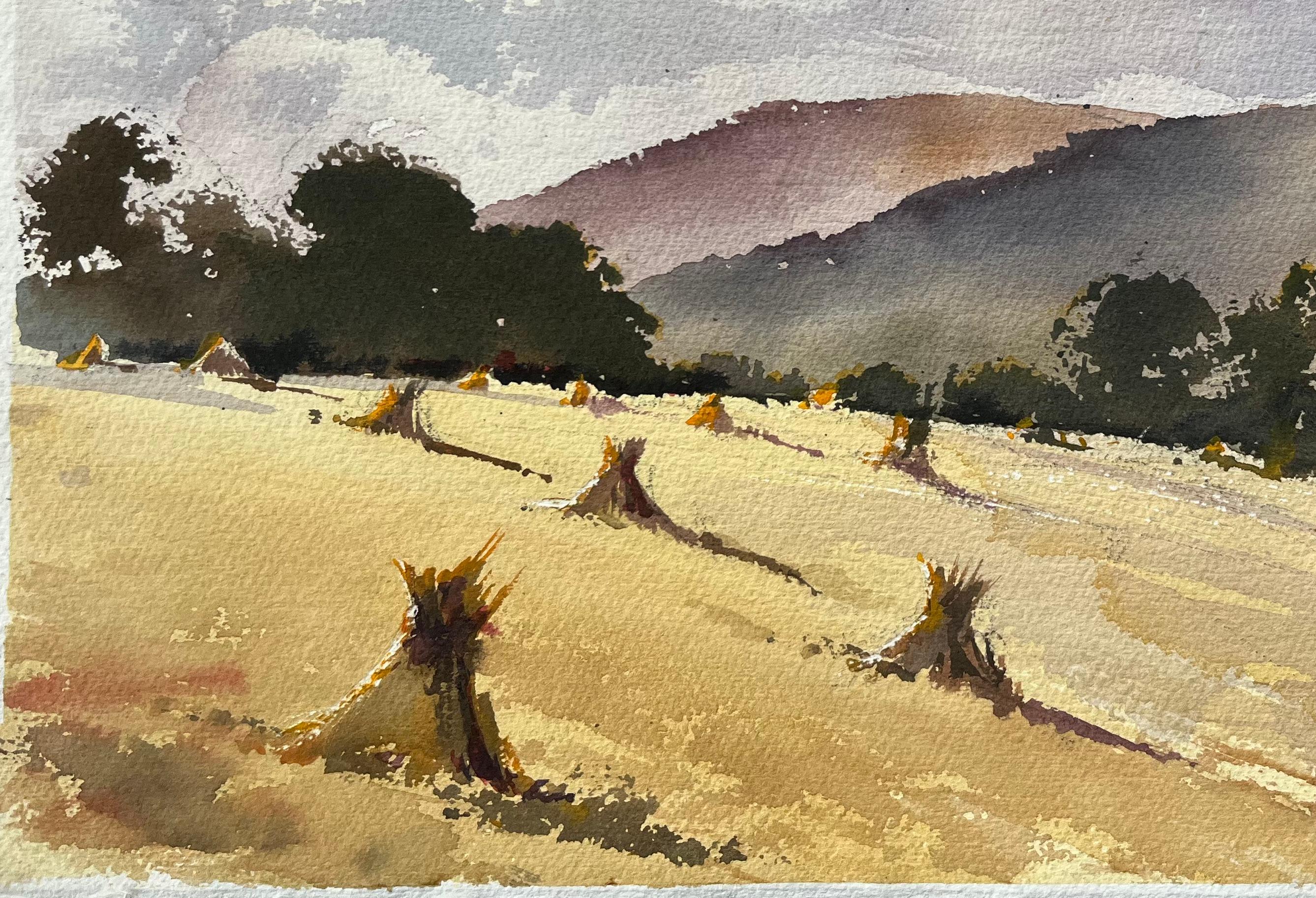 Acuarela impresionista británica de una serena escena campestre en época de cosecha - Landscape Painting Beige de Anthony Avery
