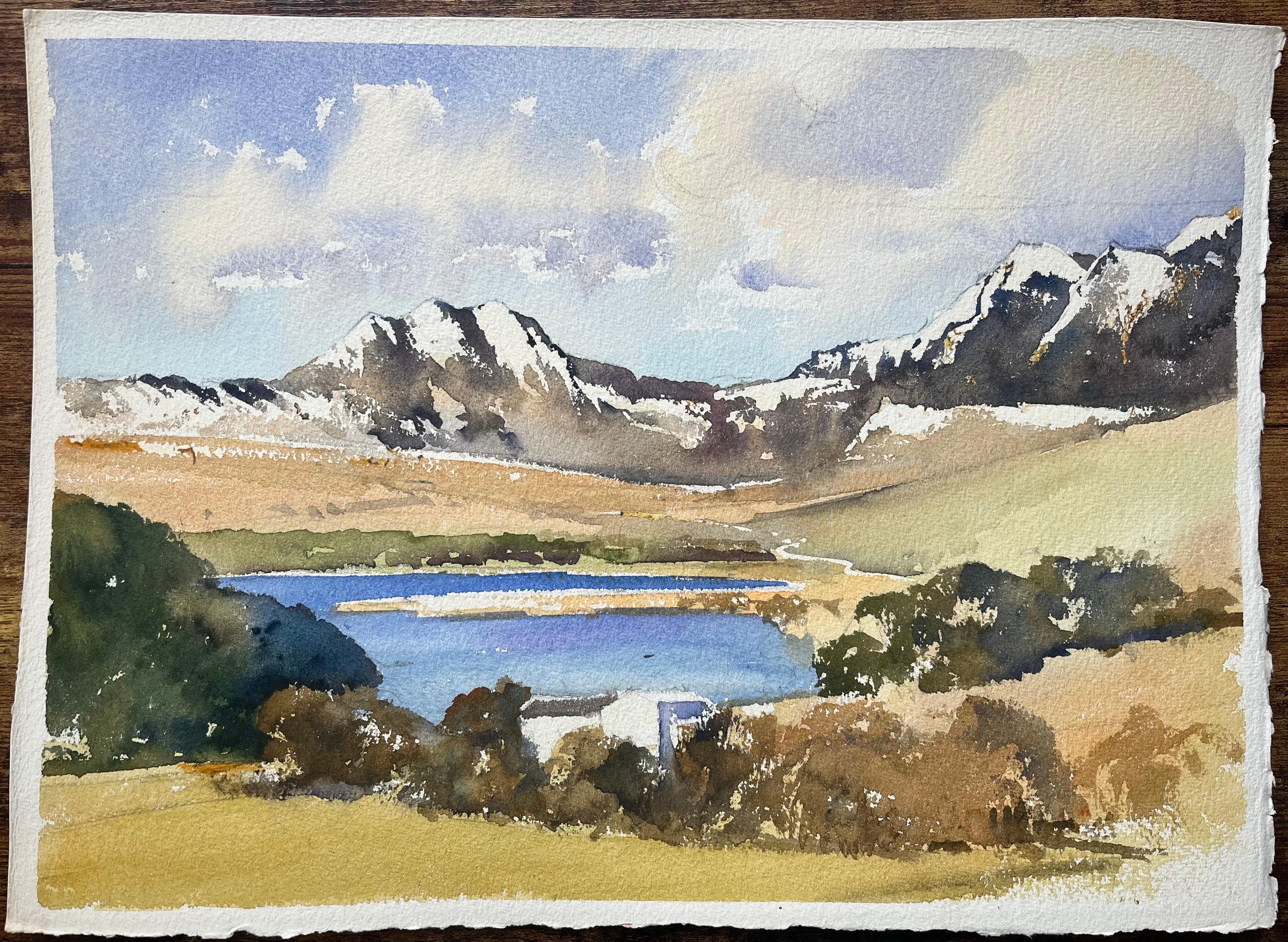 Britischer Impressionist Aquarell eines schneebedeckten Gebirges und eines Sees – Painting von Anthony Avery