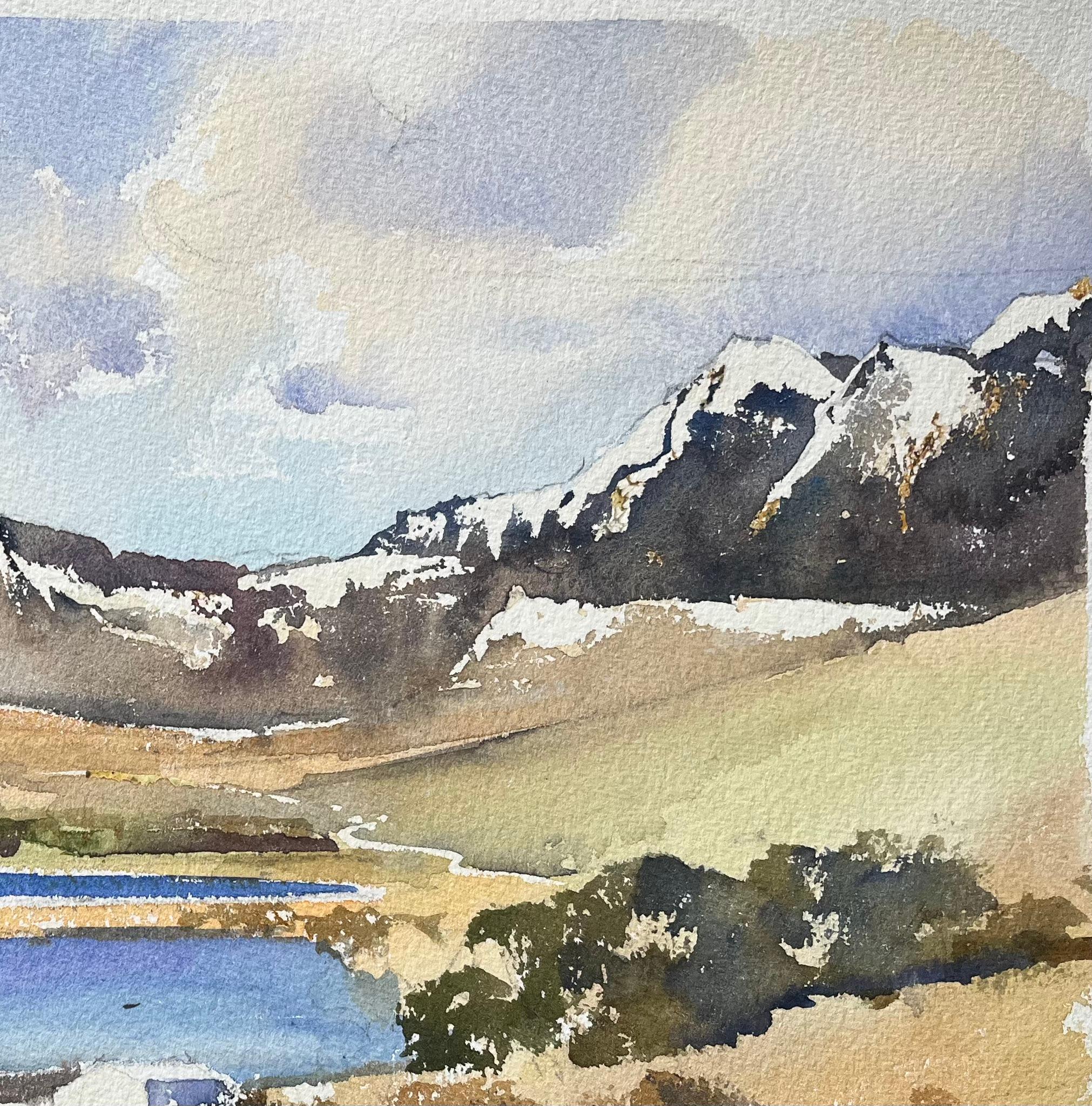 Britischer Impressionist Aquarell eines schneebedeckten Gebirges und eines Sees im Angebot 1
