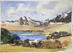 Britischer Impressionist Aquarell eines schneebedeckten Gebirges und eines Sees