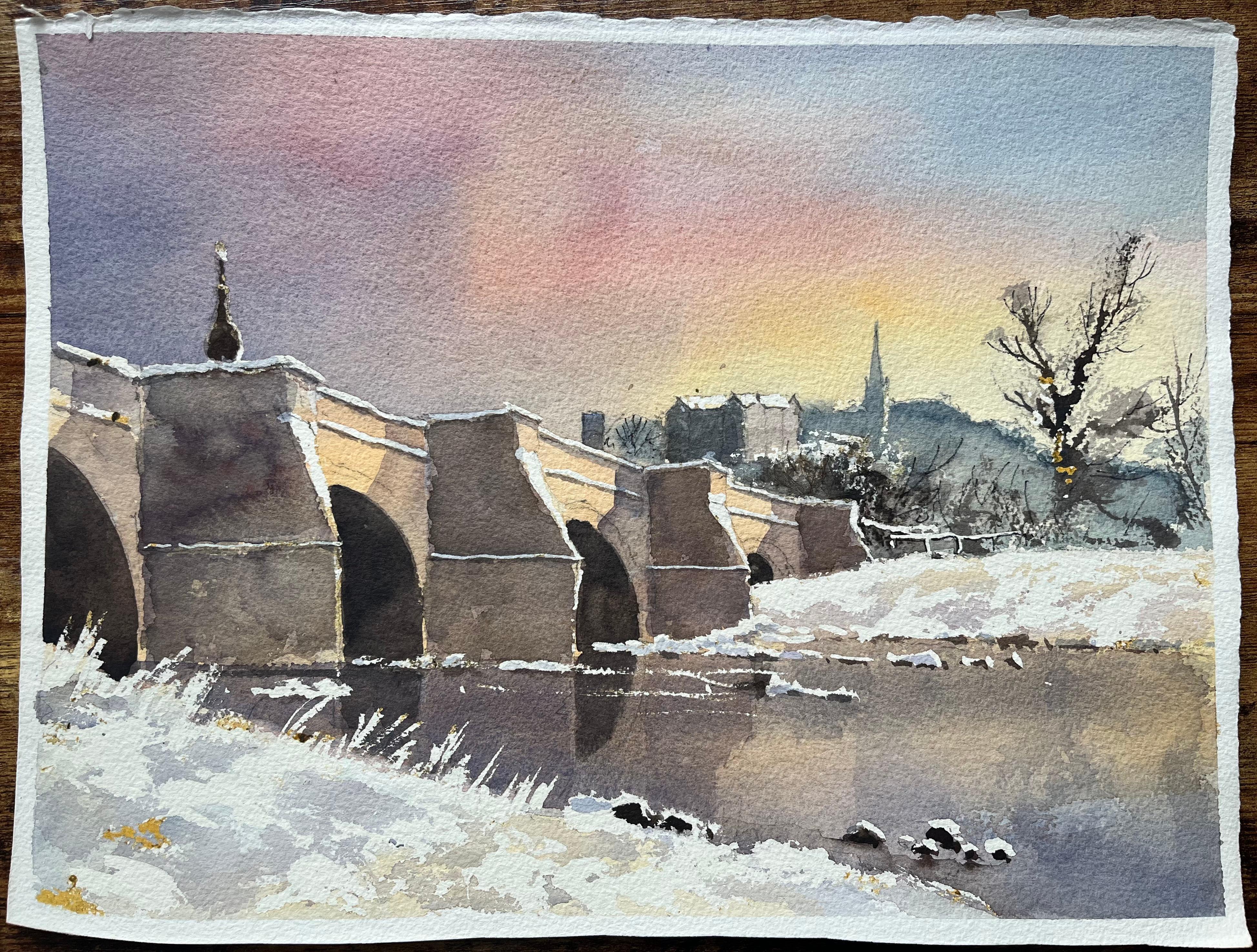 Britischer Impressionist Aquarell einer verschneiten Brücke und Wintersonnenuntergang – Painting von Anthony Avery