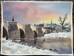 Aquarelle impressionniste britannique d'un pont enneigé et d'un coucher de soleil hivernal