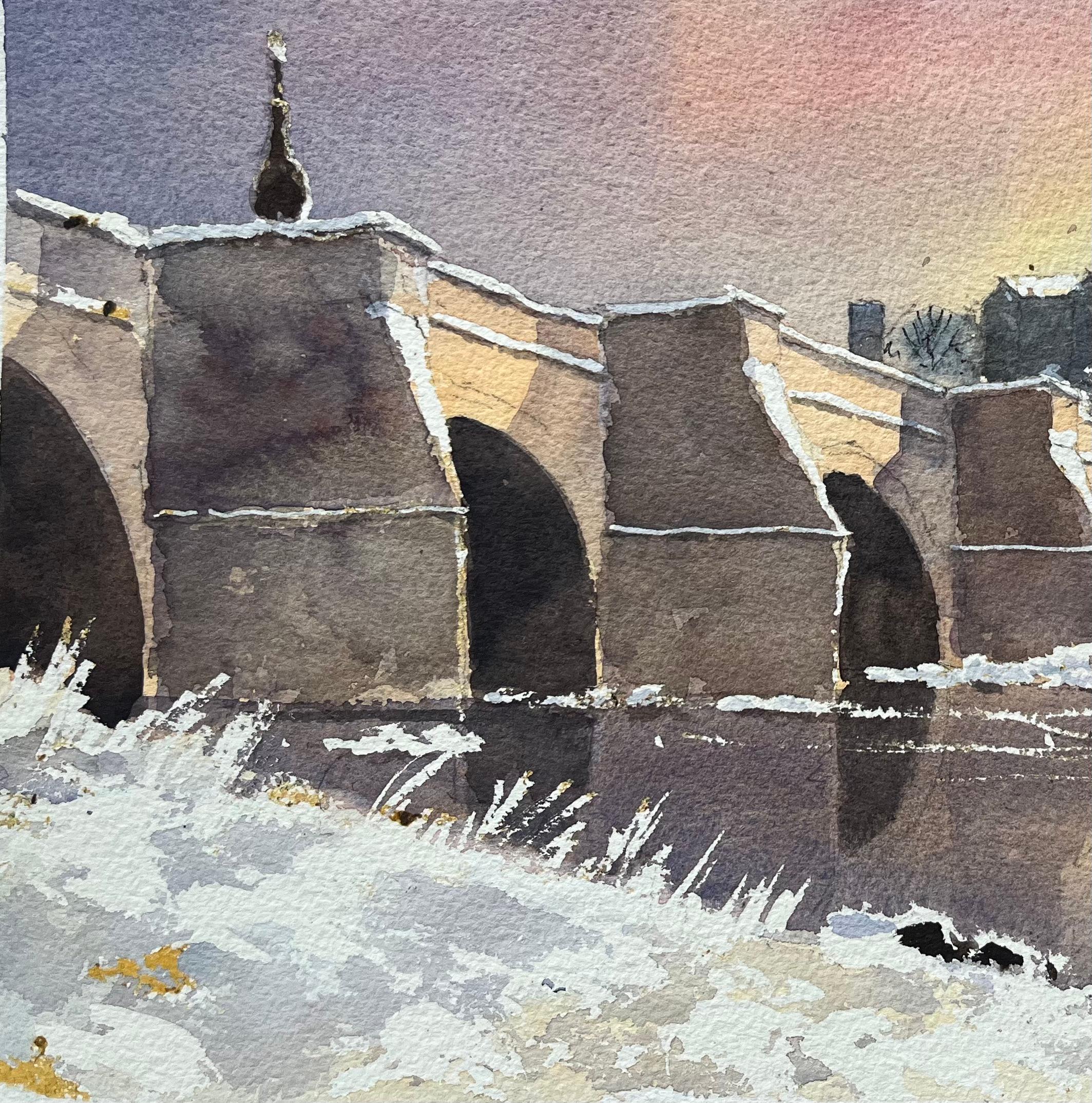 Britischer Impressionist Aquarell einer verschneiten Brücke und Wintersonnenuntergang (Impressionismus), Painting, von Anthony Avery