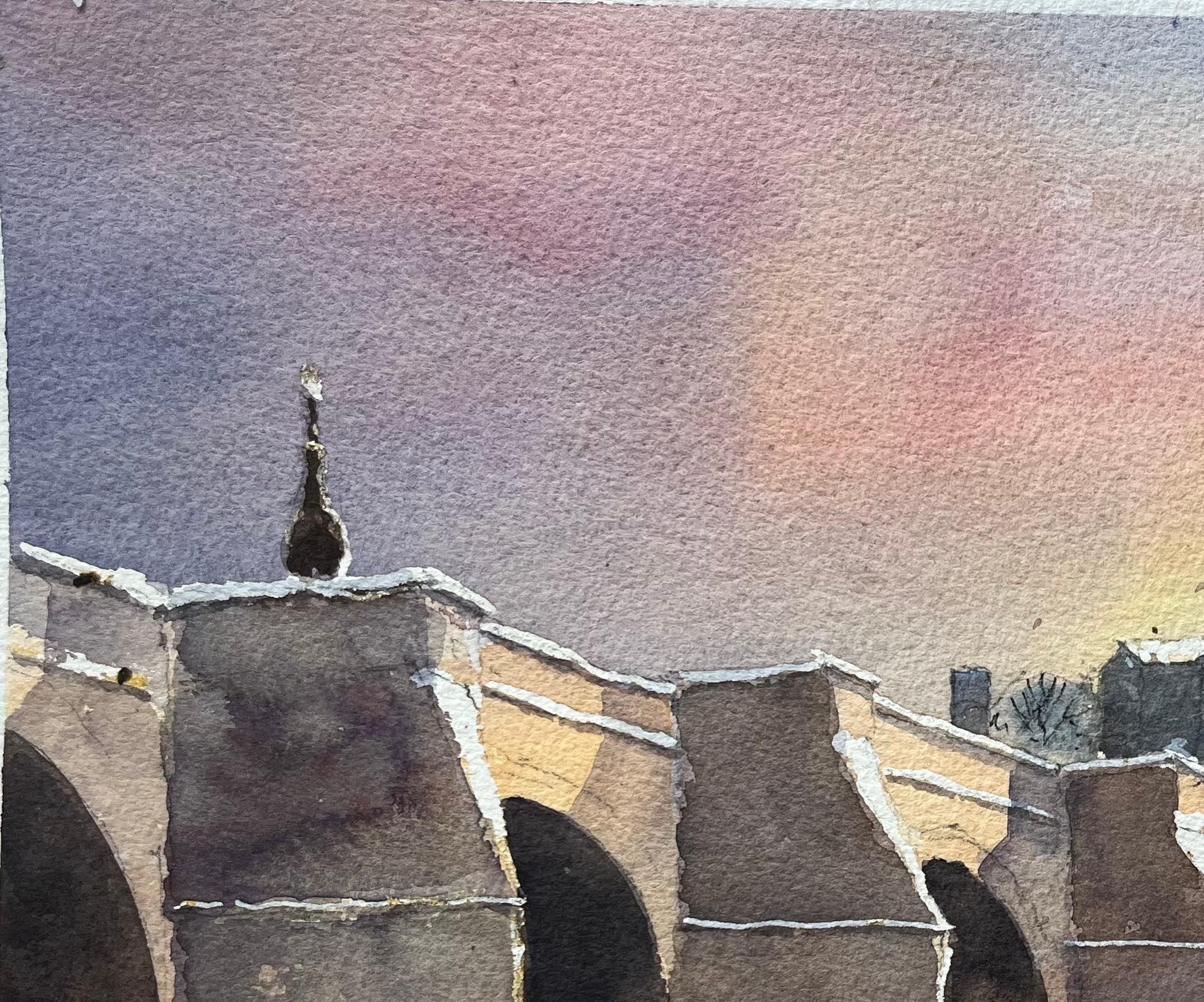 Britischer Impressionist Aquarell einer verschneiten Brücke und Wintersonnenuntergang (Grau), Landscape Painting, von Anthony Avery