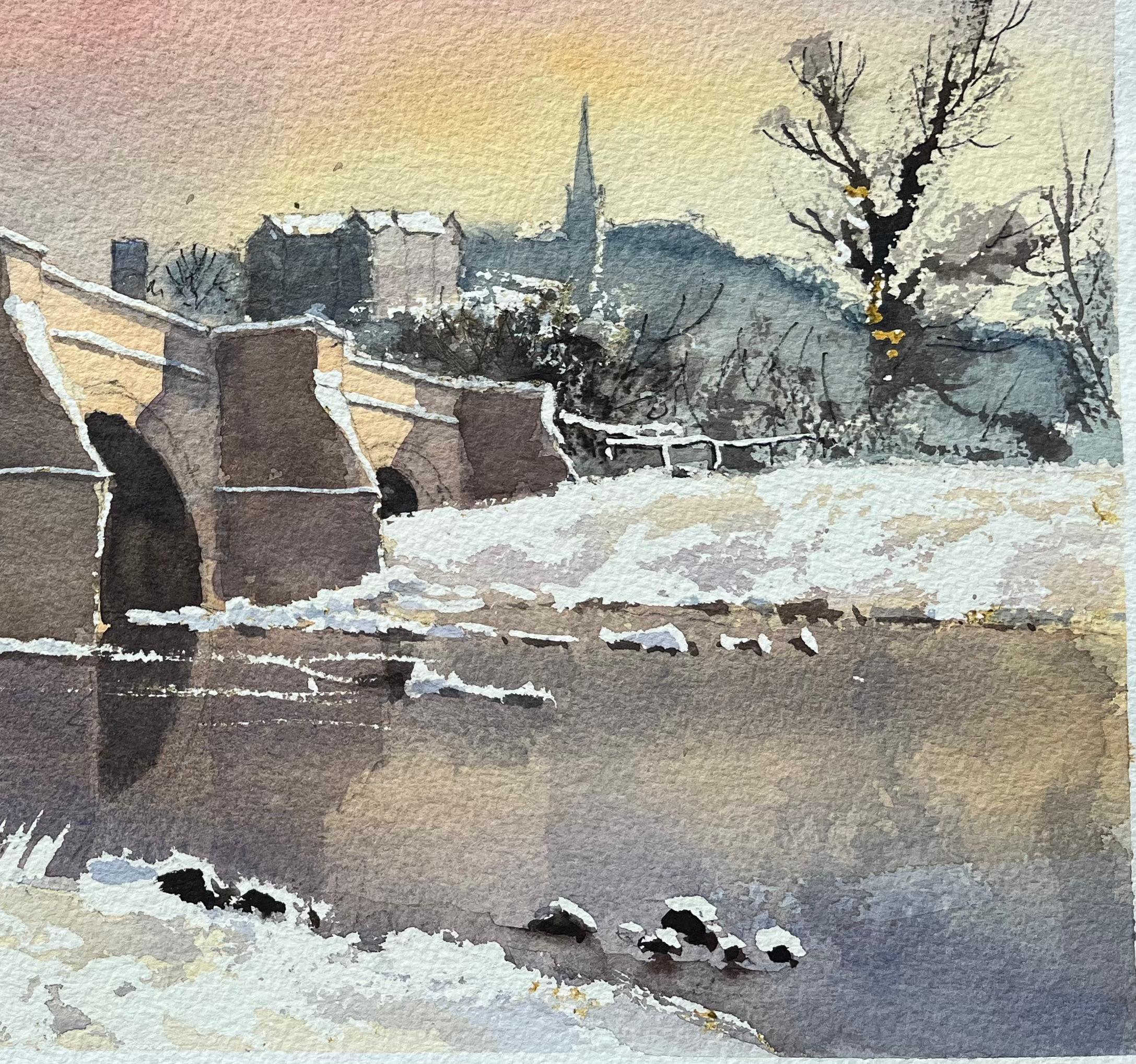 Britischer Impressionist Aquarell einer verschneiten Brücke und Wintersonnenuntergang im Angebot 1
