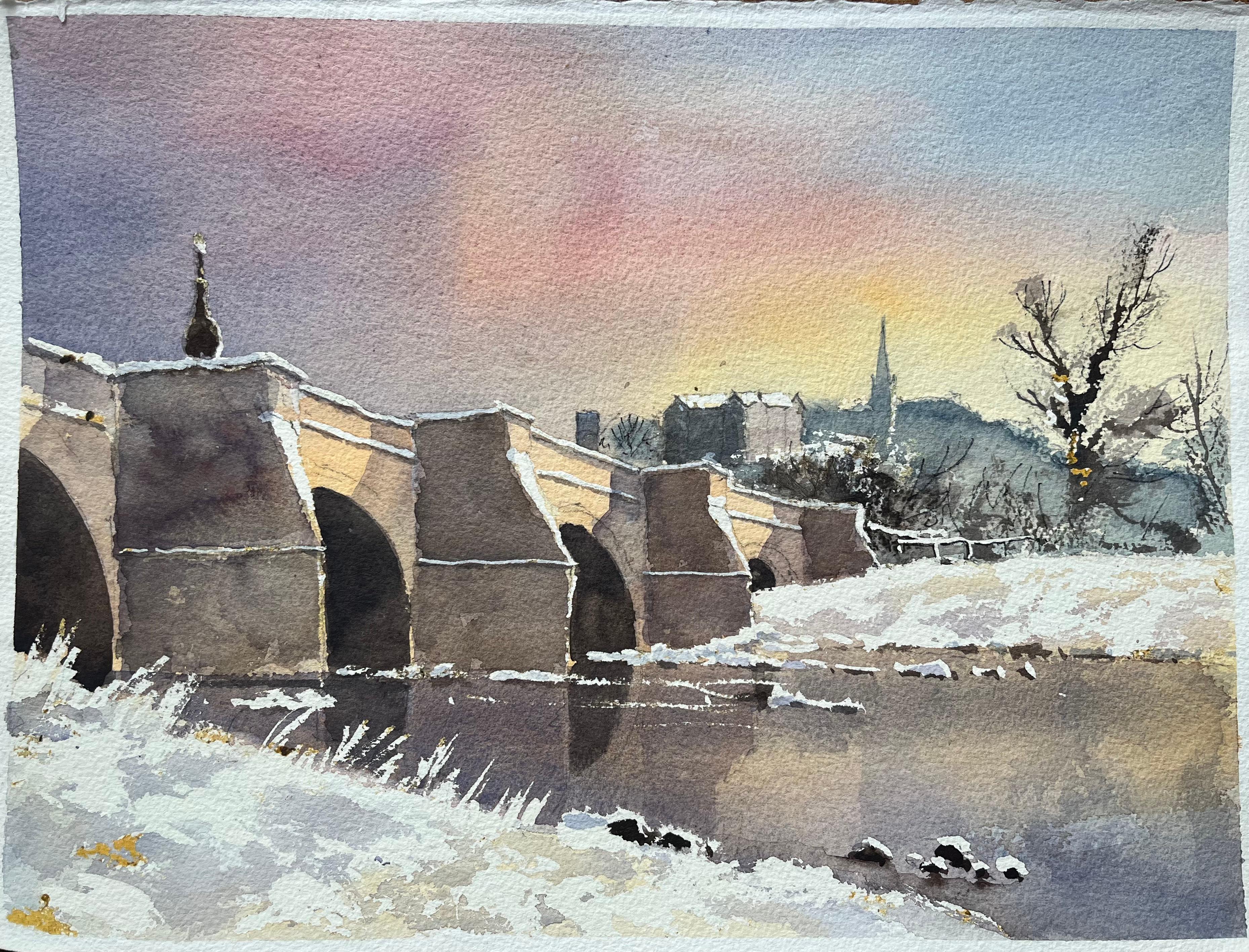 Anthony Avery Landscape Painting – Britischer Impressionist Aquarell einer verschneiten Brücke und Wintersonnenuntergang