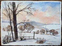 British Impressionist Watercolor of a Snowy Countryside Church Scene