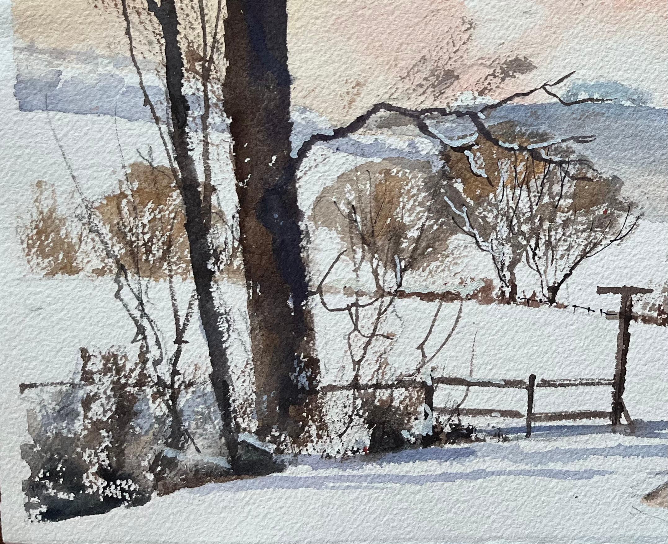 Acuarela impresionista británica de una escena eclesiástica campestre nevada - Landscape Painting Gris de Anthony Avery