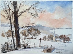 Britischer Impressionist Aquarell einer verschneiten Landschaft Church's Scene