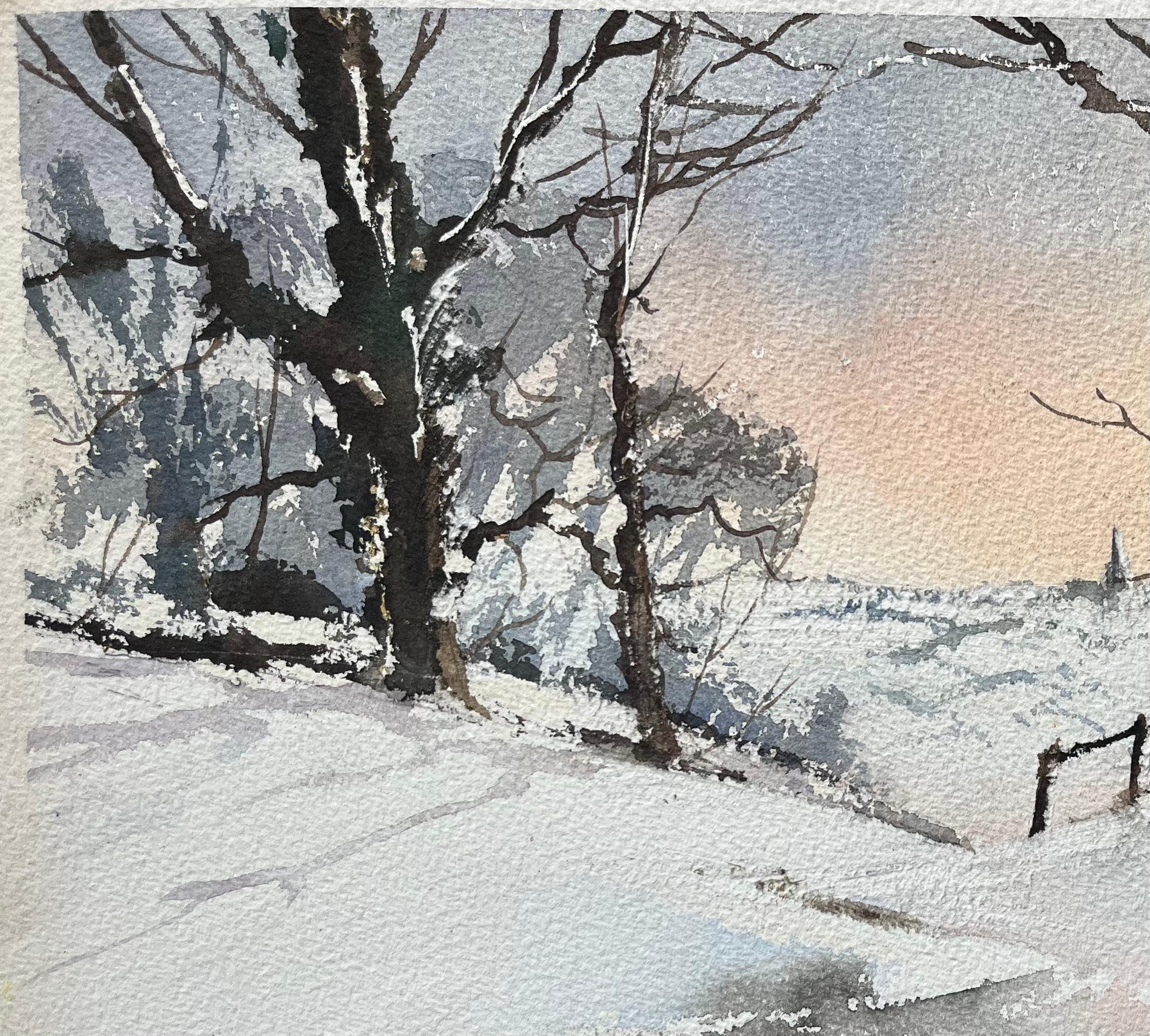 Título: Acuarela impresionista británica de un camino nevado con una aguja lejana
Por Anthony Avery (británico 1946-2023)
Acuarela original sobre papel de artista, sin enmarcar
Dimensiones: 11 x 15,25 pulgadas (Alto x Ancho)
Estado: Bueno, con