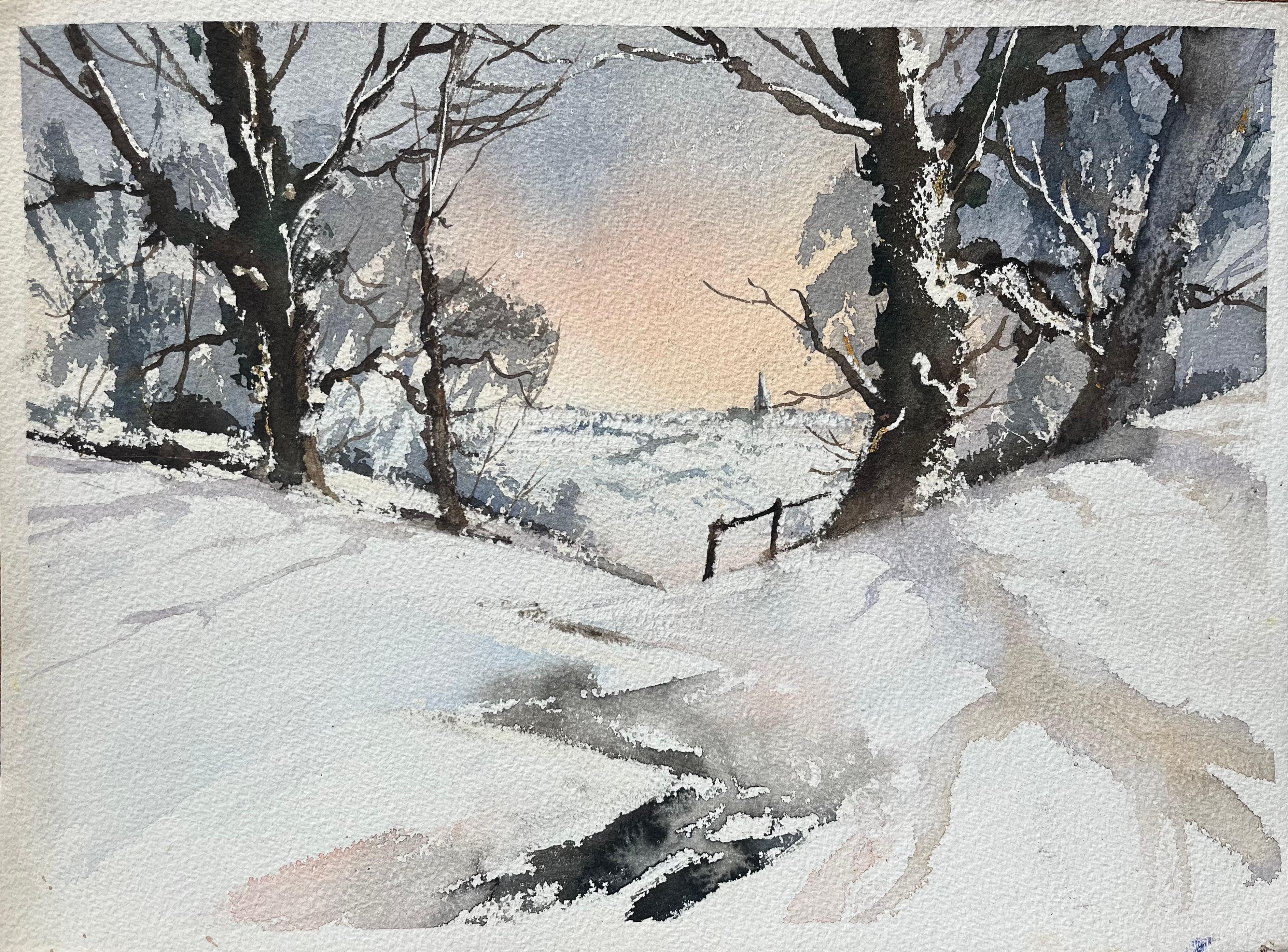 Landscape Painting de Anthony Avery - Acuarela impresionista británica de un camino nevado con una aguja lejana