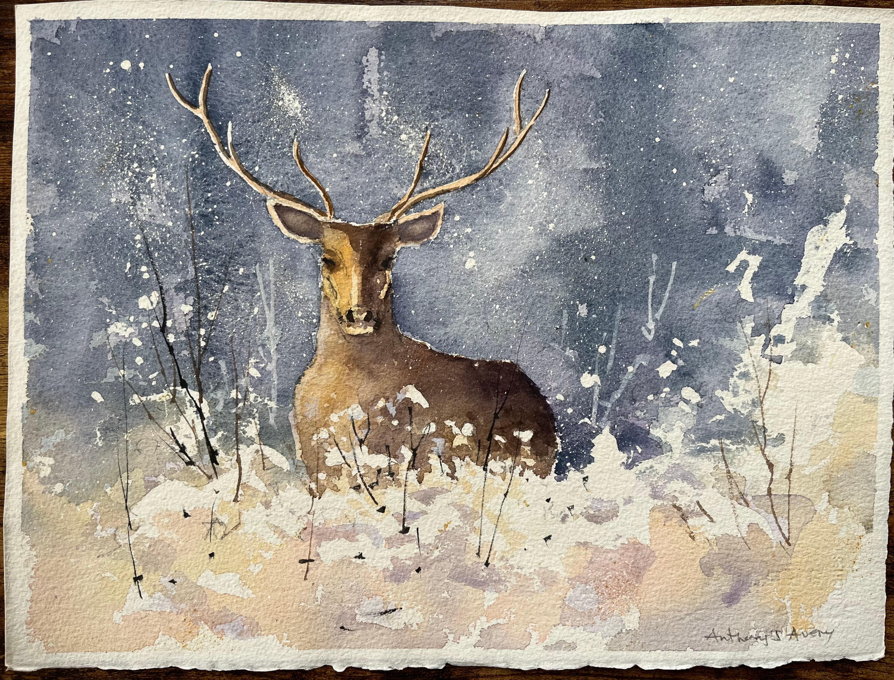 Britischer Impressionist Aquarell eines Hirsches in einem Winterwunderland – Painting von Anthony Avery