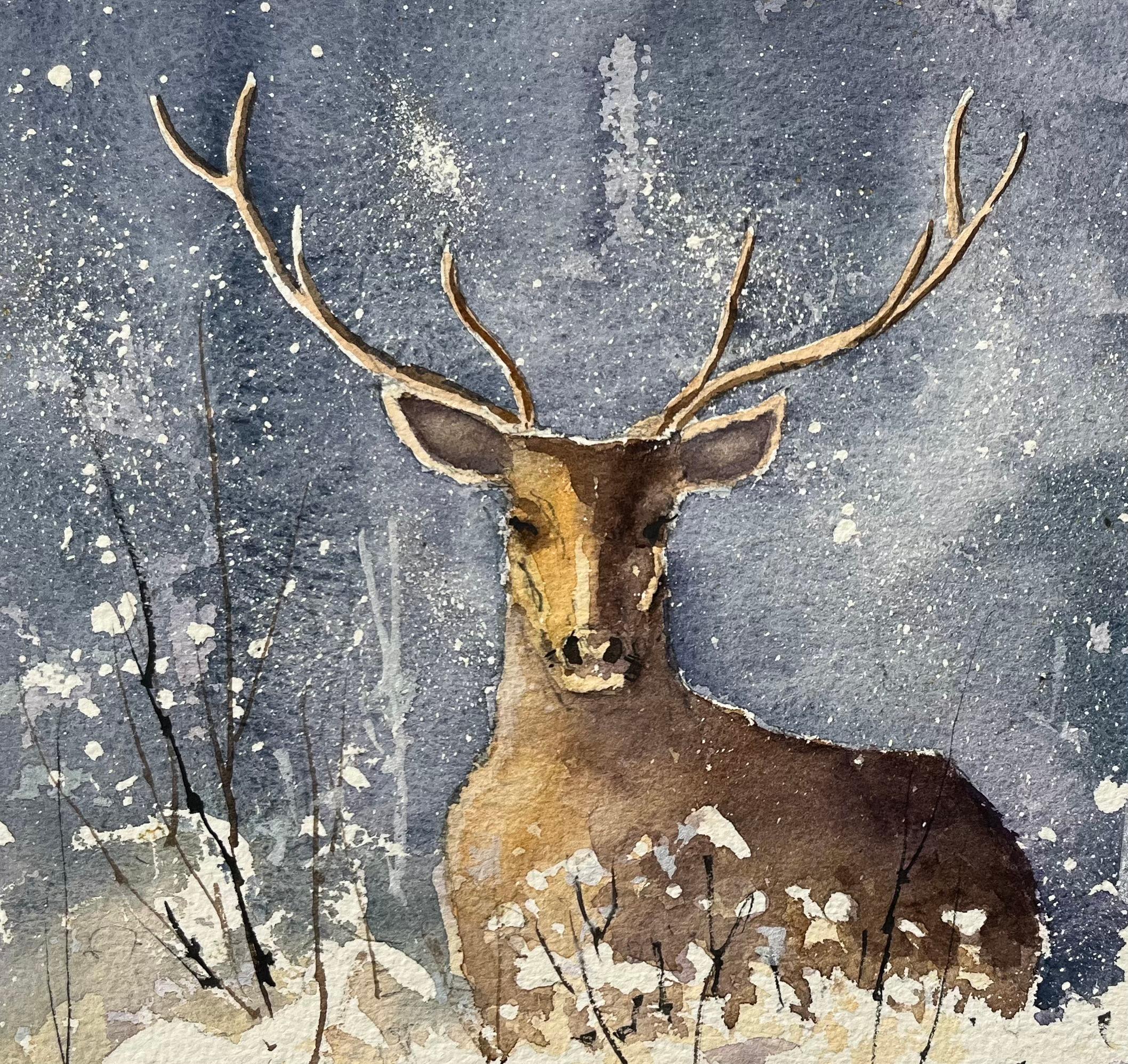 Britischer Impressionist Aquarell eines Hirsches in einem Winterwunderland (Impressionismus), Painting, von Anthony Avery