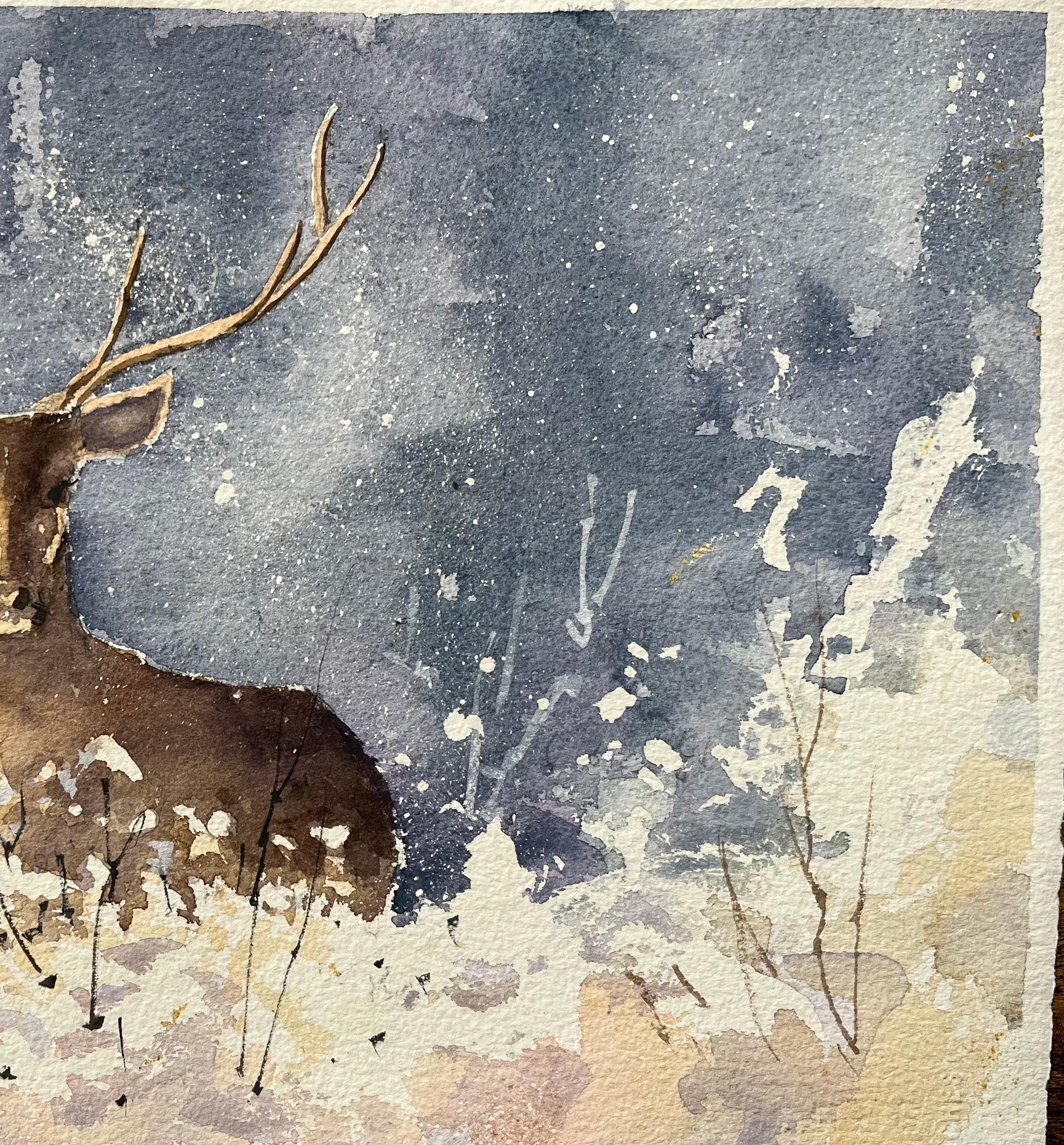 Britischer Impressionist Aquarell eines Hirsches in einem Winterwunderland (Grau), Landscape Painting, von Anthony Avery