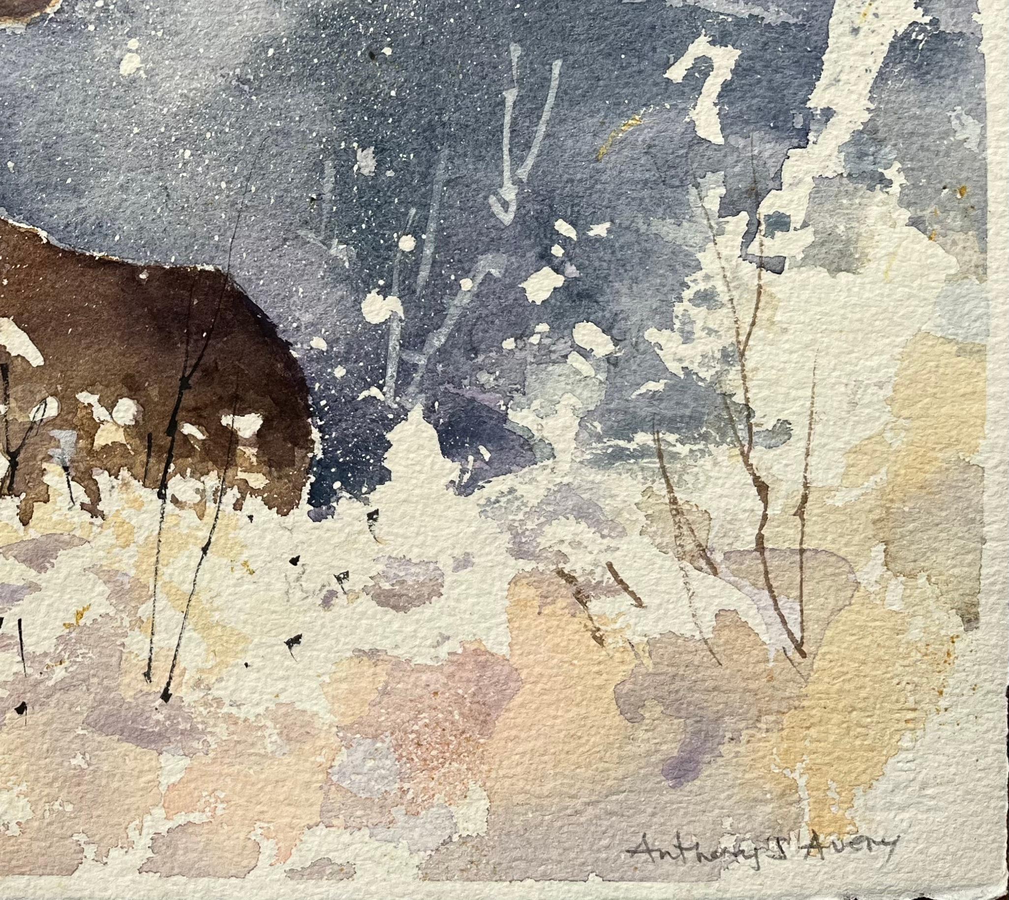 Titel: Britischer Impressionist Aquarell eines Hirsches im Winterwunderland
Von Anthony Avery (Brite 1946-2023)
Original-Aquarell auf Künstlerpapier, ungerahmt
Unterschrieben: Ja
Abmessungen: 11,25 x 15 Zoll (Höhe x Breite)
Zustand: Gut, mit