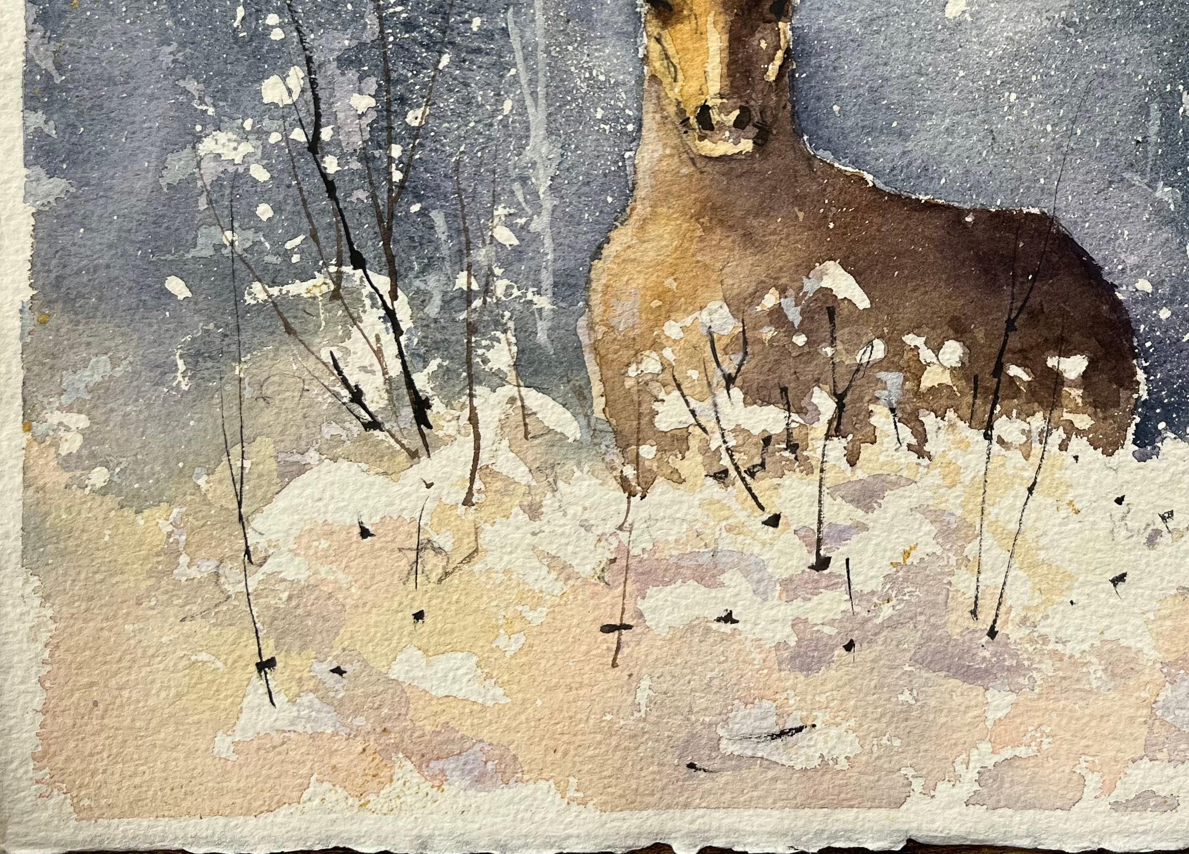 Britischer Impressionist Aquarell eines Hirsches in einem Winterwunderland im Angebot 1