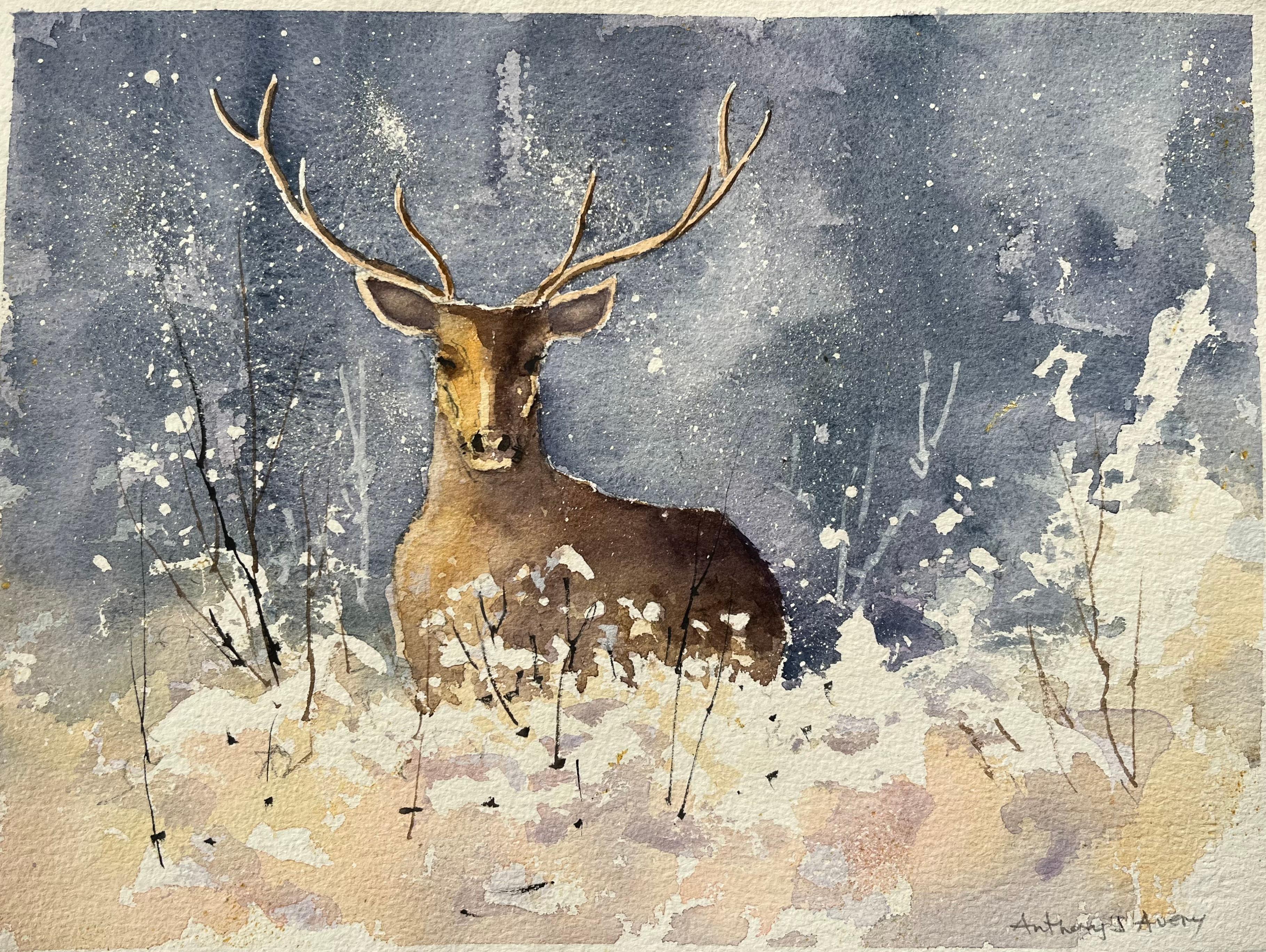 Britischer Impressionist Aquarell eines Hirsches in einem Winterwunderland