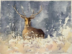 British Impressionist Watercolor of a Stag in a Winter Wonderland