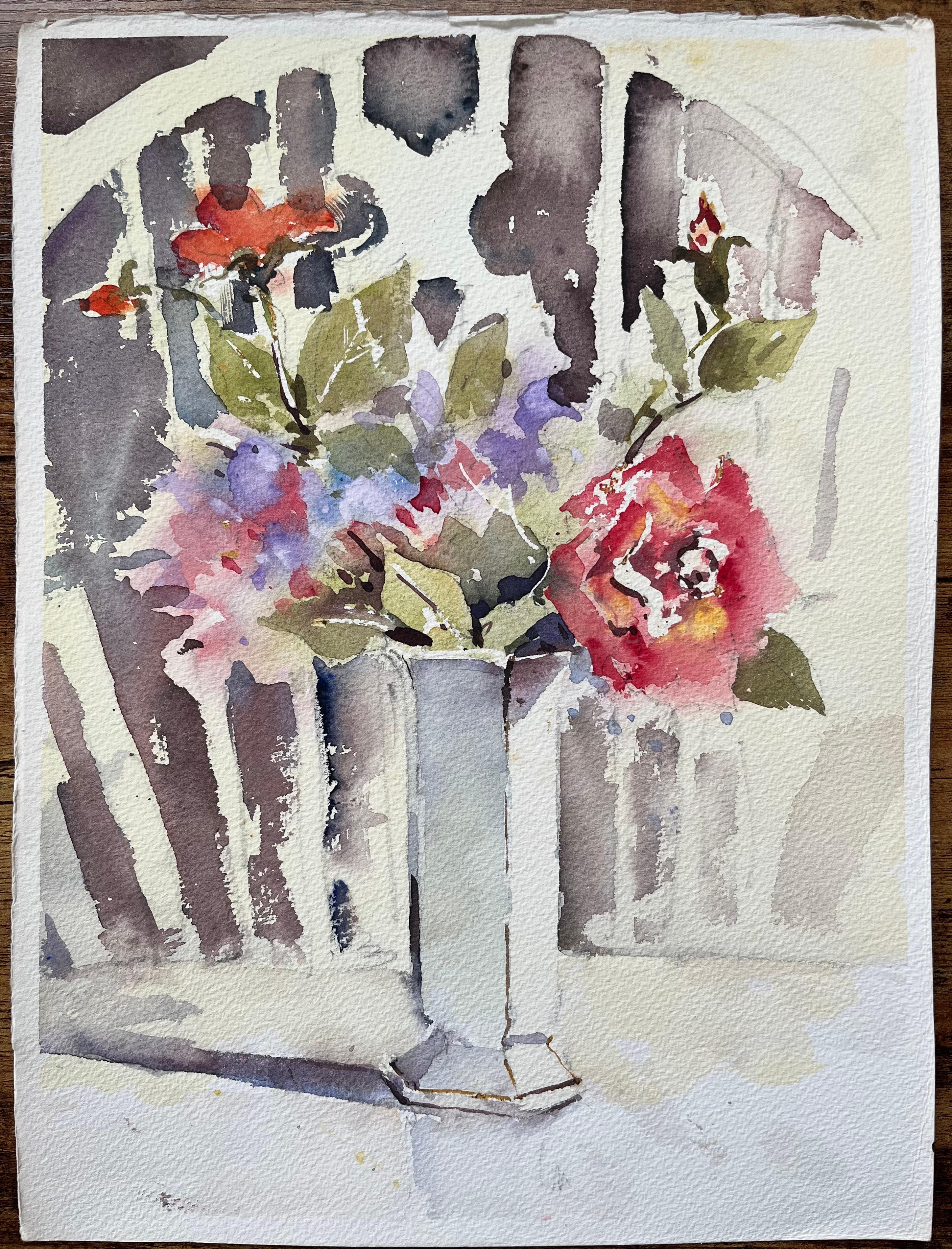 Britisches impressionistisches Aquarell eines Stilllebens mit Blumendekoration in einer Vase, British Impressionist – Painting von Anthony Avery