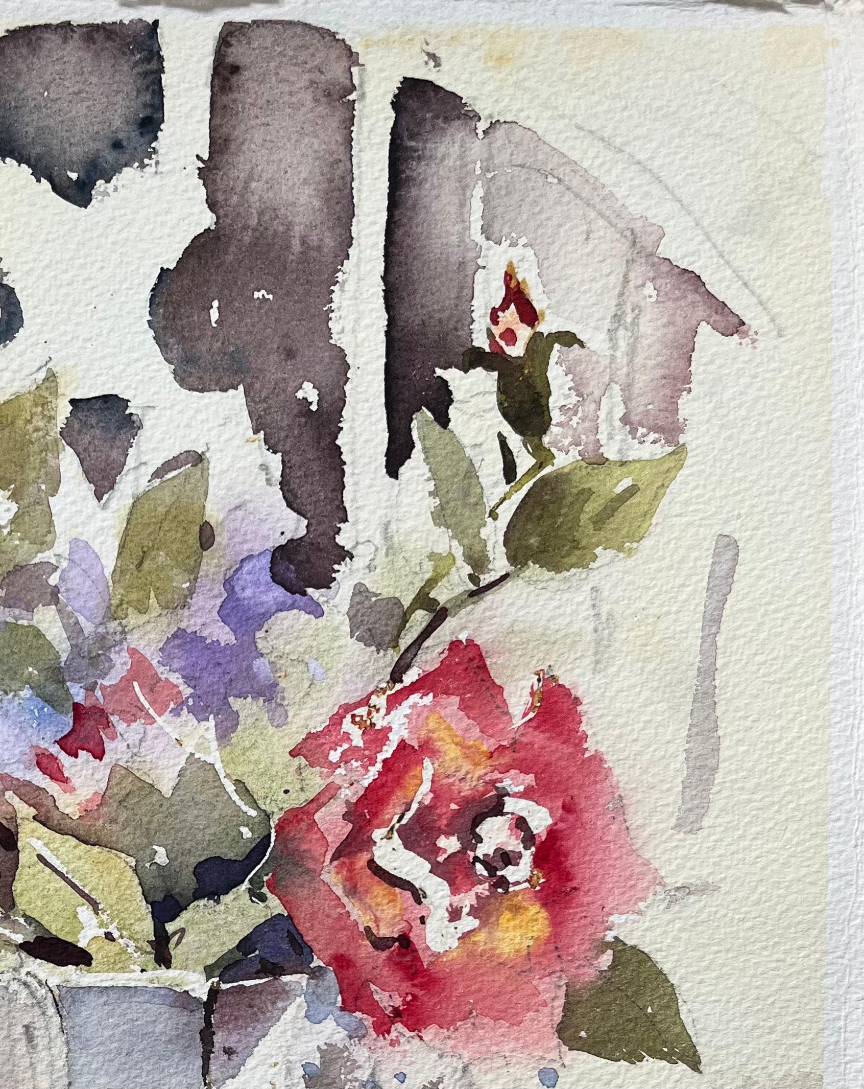 Britisches impressionistisches Aquarell eines Stilllebens mit Blumendekoration in einer Vase, British Impressionist (Grau), Landscape Painting, von Anthony Avery